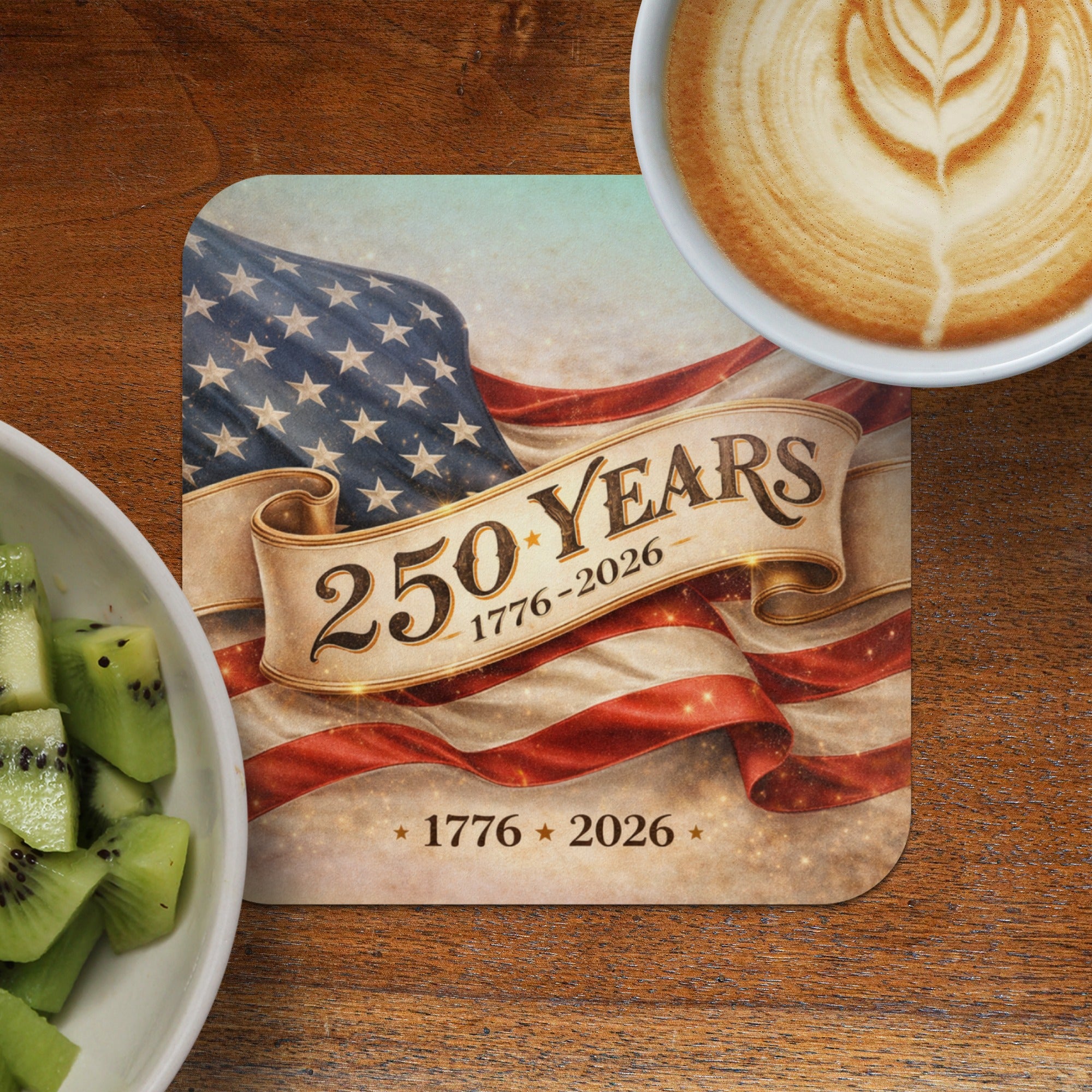 Coaster with American flag and "250 Years 1776-2026" text.
