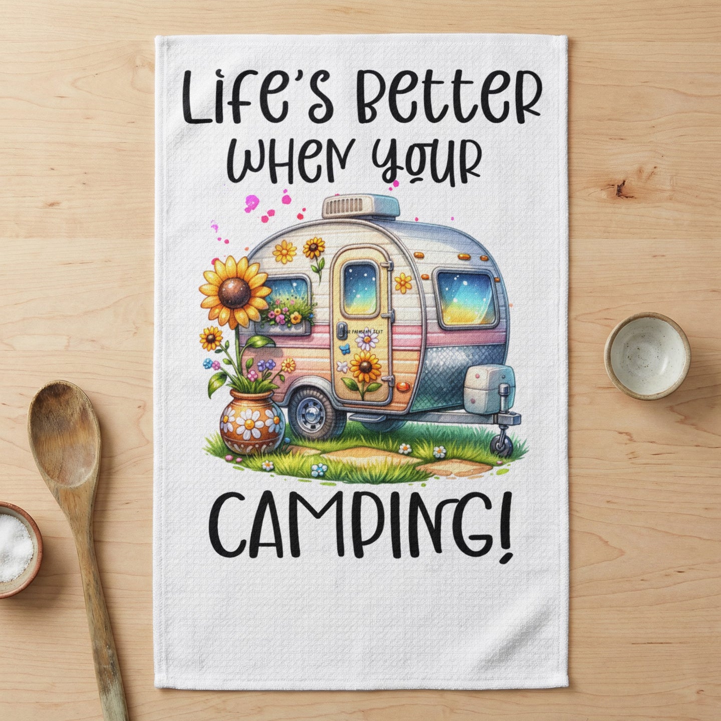 Towel with a vintage camper and sunflowers, text "Life's Better When You're Camping!".