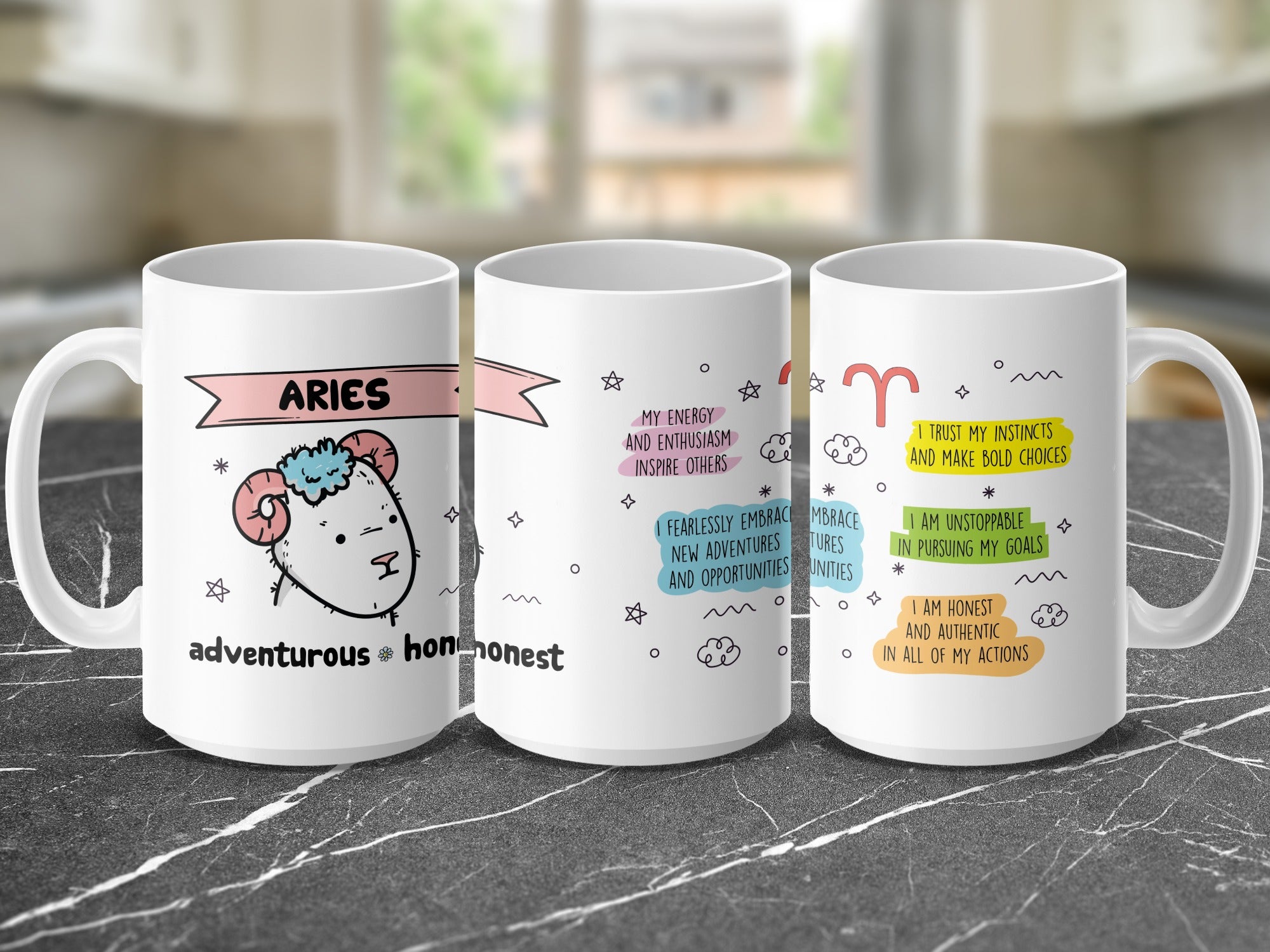 White mug with Aries zodiac sign, ram illustration, and empowering text.