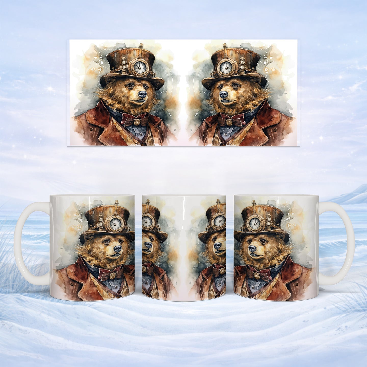 Steampunk bear in top hat on mug and watercolor art.