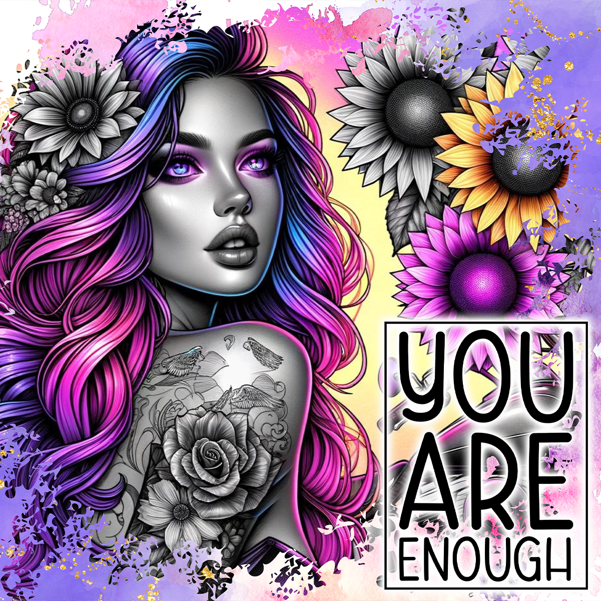 Woman with colorful hair and floral tattoos, "You Are Enough" text.