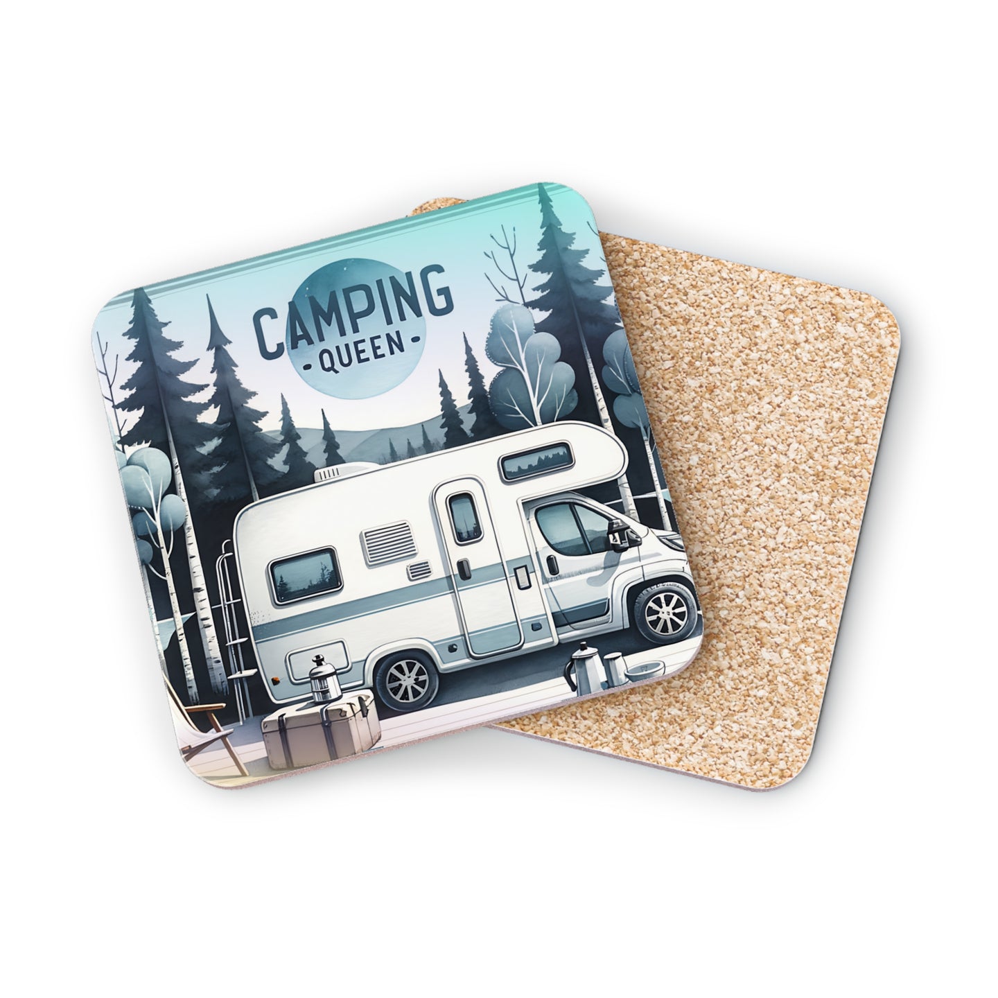 RV camping scene with text "CAMPING QUEEN" on a coaster.