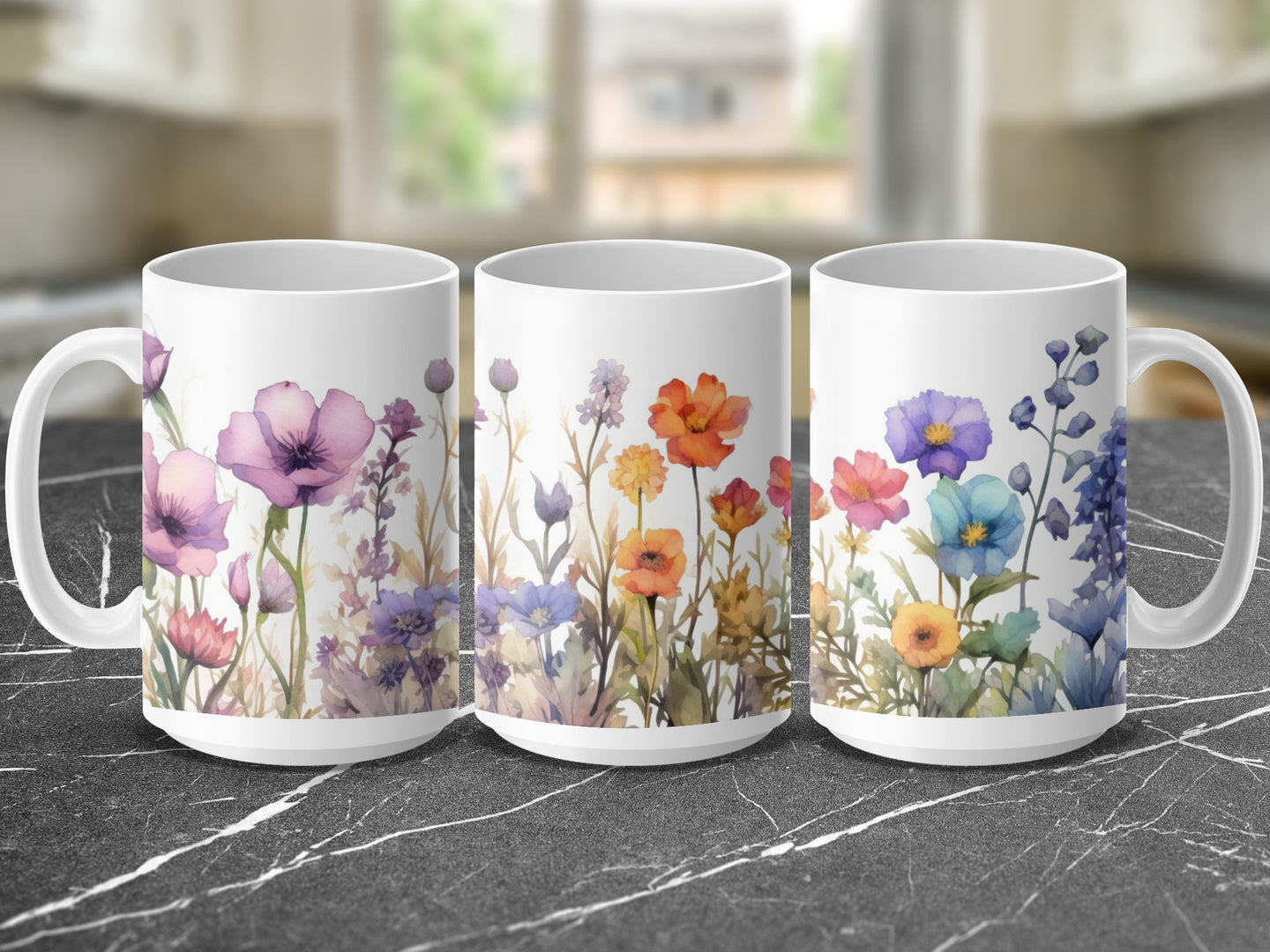Three white mugs display floral watercolor designs with purple, pink, orange, and blue flowers.