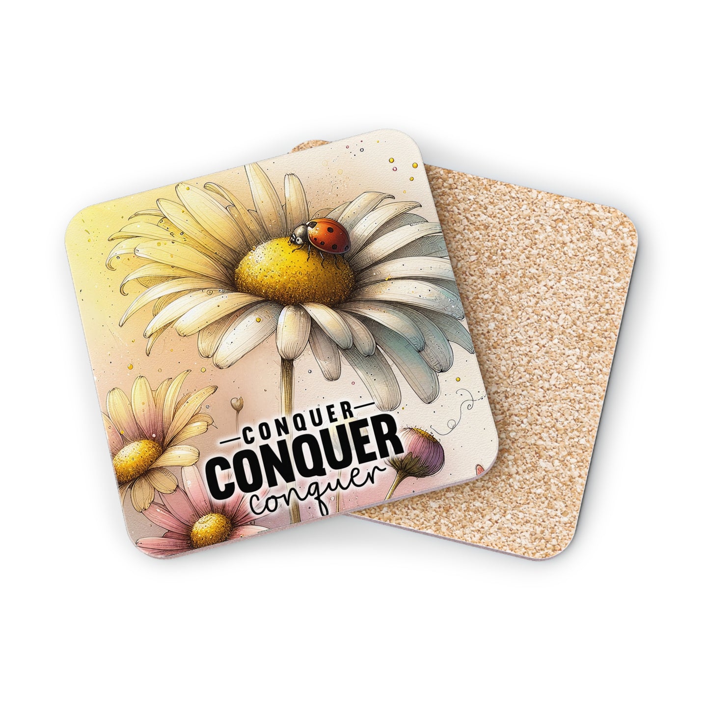 Daisy coaster with ladybug and "Conquer Conquer" text.