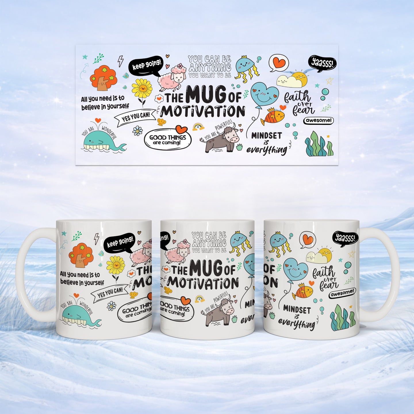 Mug with "Mug of Motivation" and inspirational text, set against a banner.