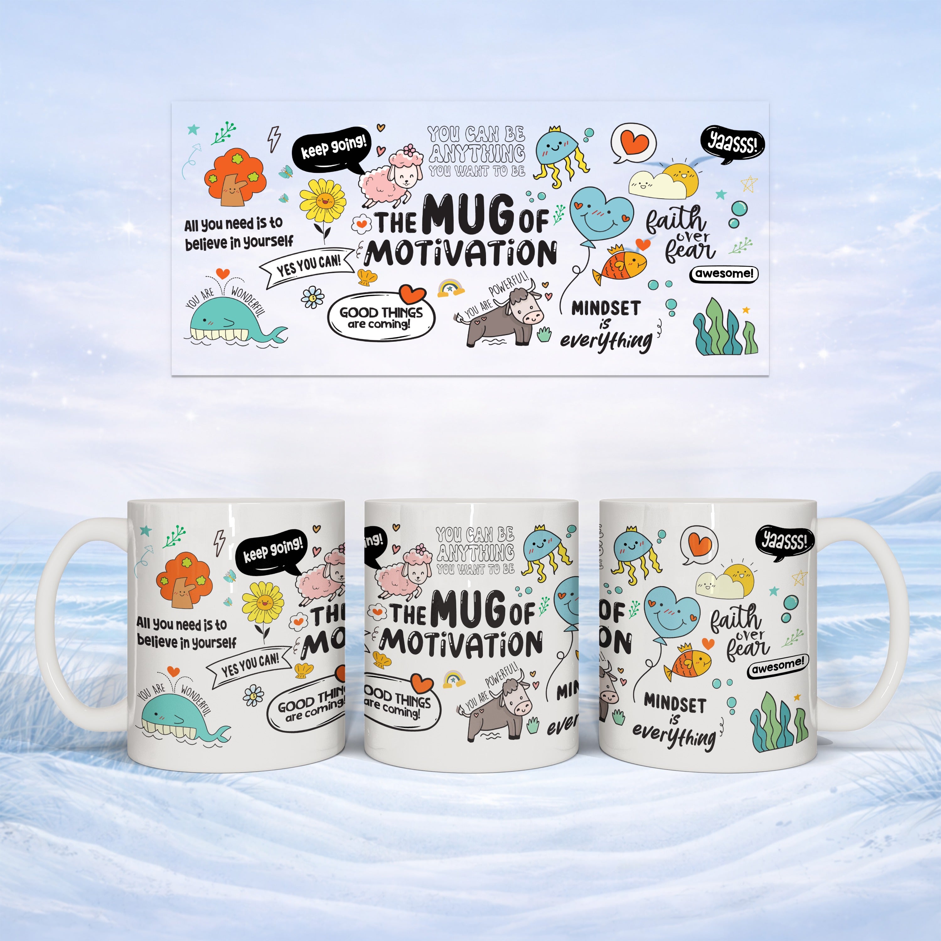 Mug with "Mug of Motivation" and inspirational text, set against a banner.
