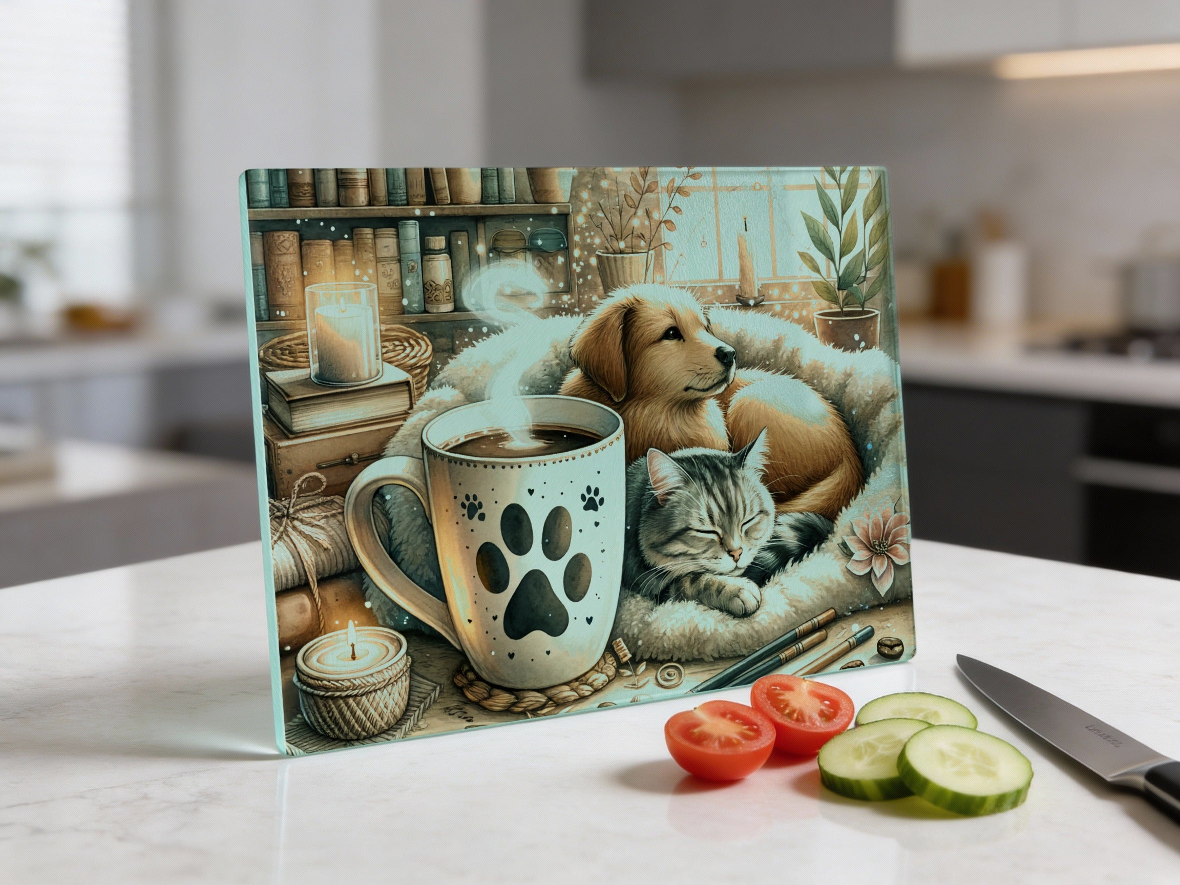 Dog and cat sleep in mug next to candle, tomatoes, and cucumber slices.
