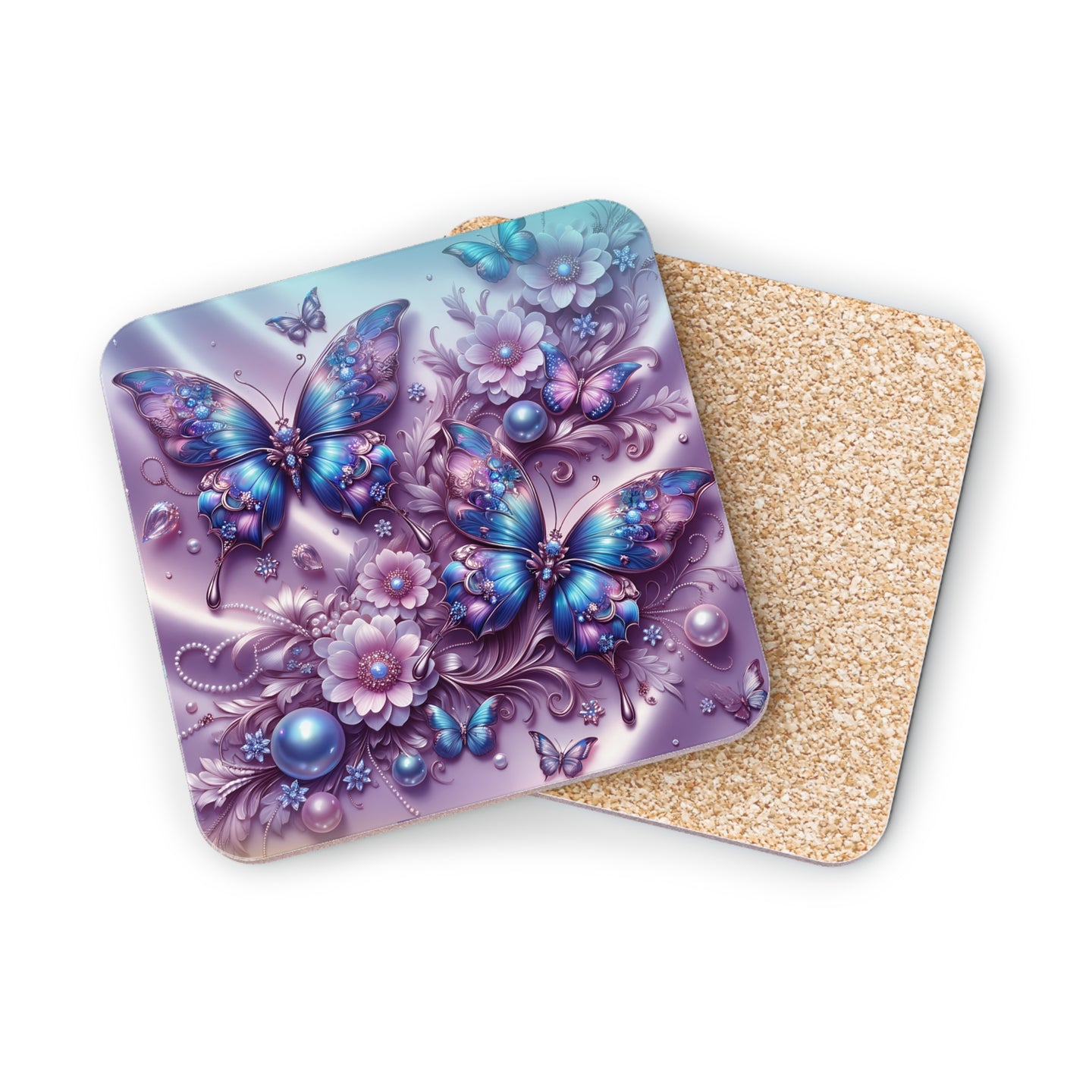 Coasters with iridescent butterflies and floral designs.