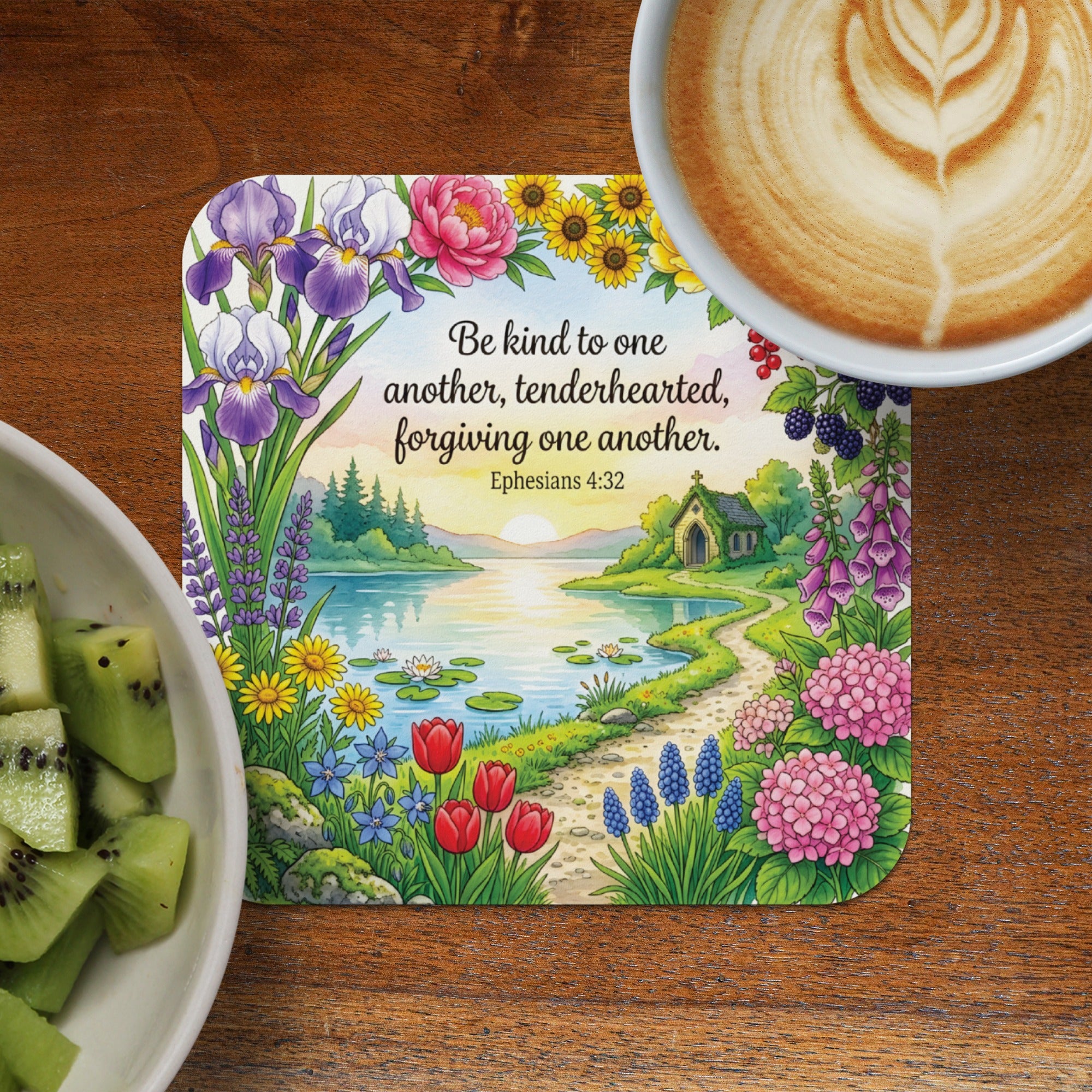 Coaster with a scenic landscape, lake, flowers, and the Bible verse Ephesians 4:32.