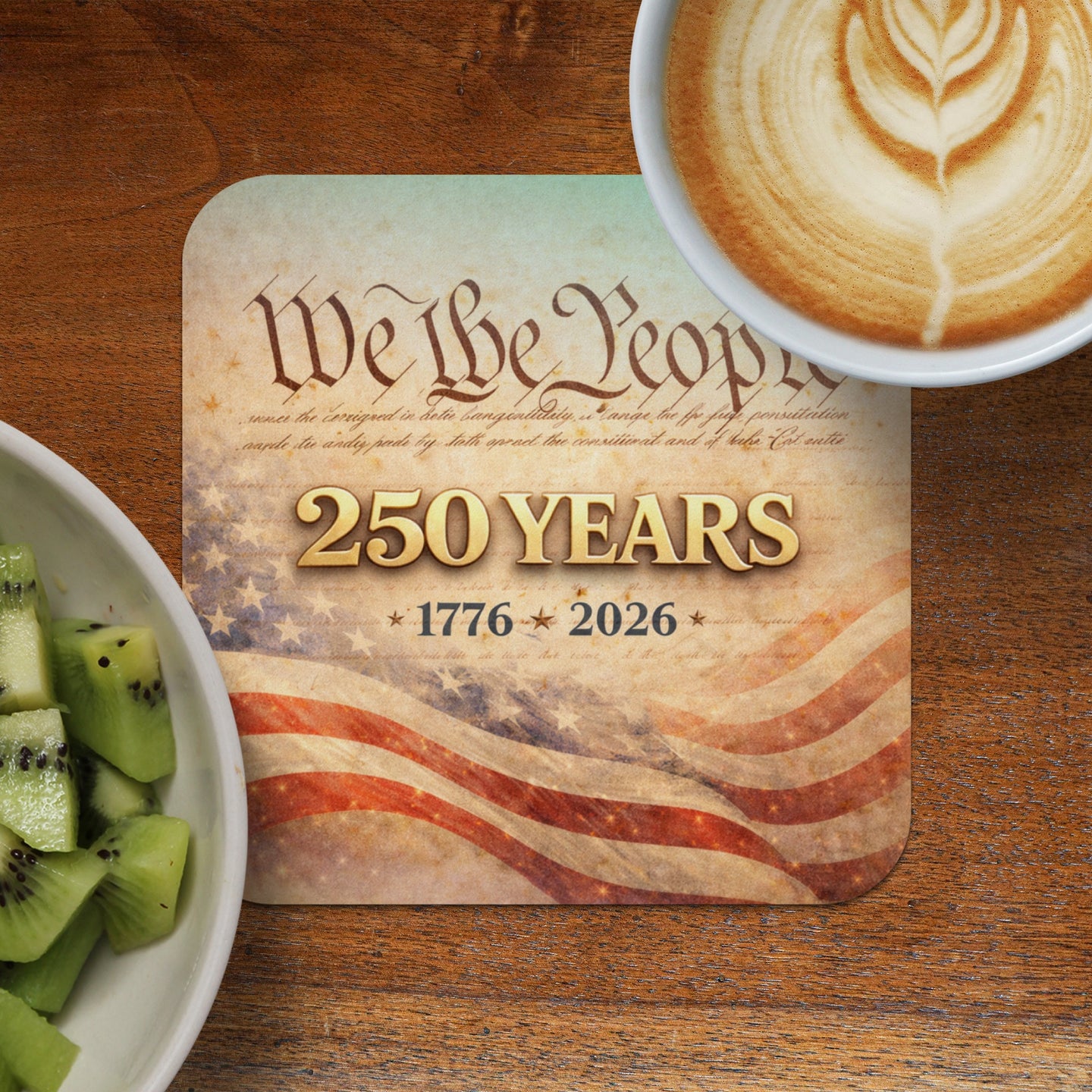 Coaster with "We the People 250 Years 1776-2026" and US flag.