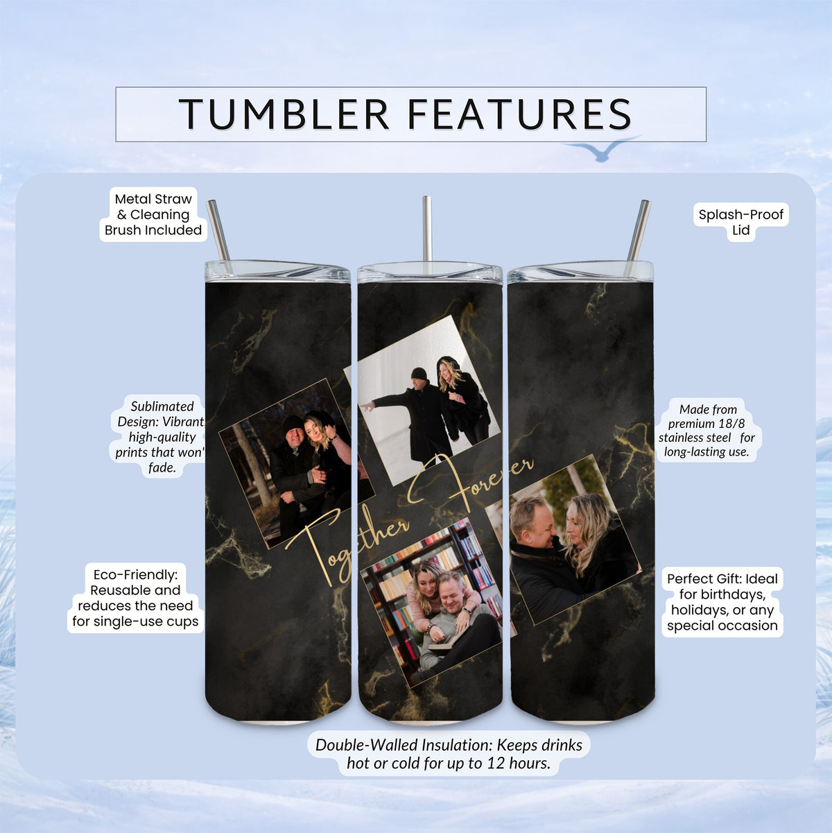 Tumbler with marble design, featuring two photos and text: "Together Forever."