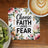 Coaster with "Choose FAITH over FEAR" text, surrounded by floral design, next to kiwi slices and coffee.