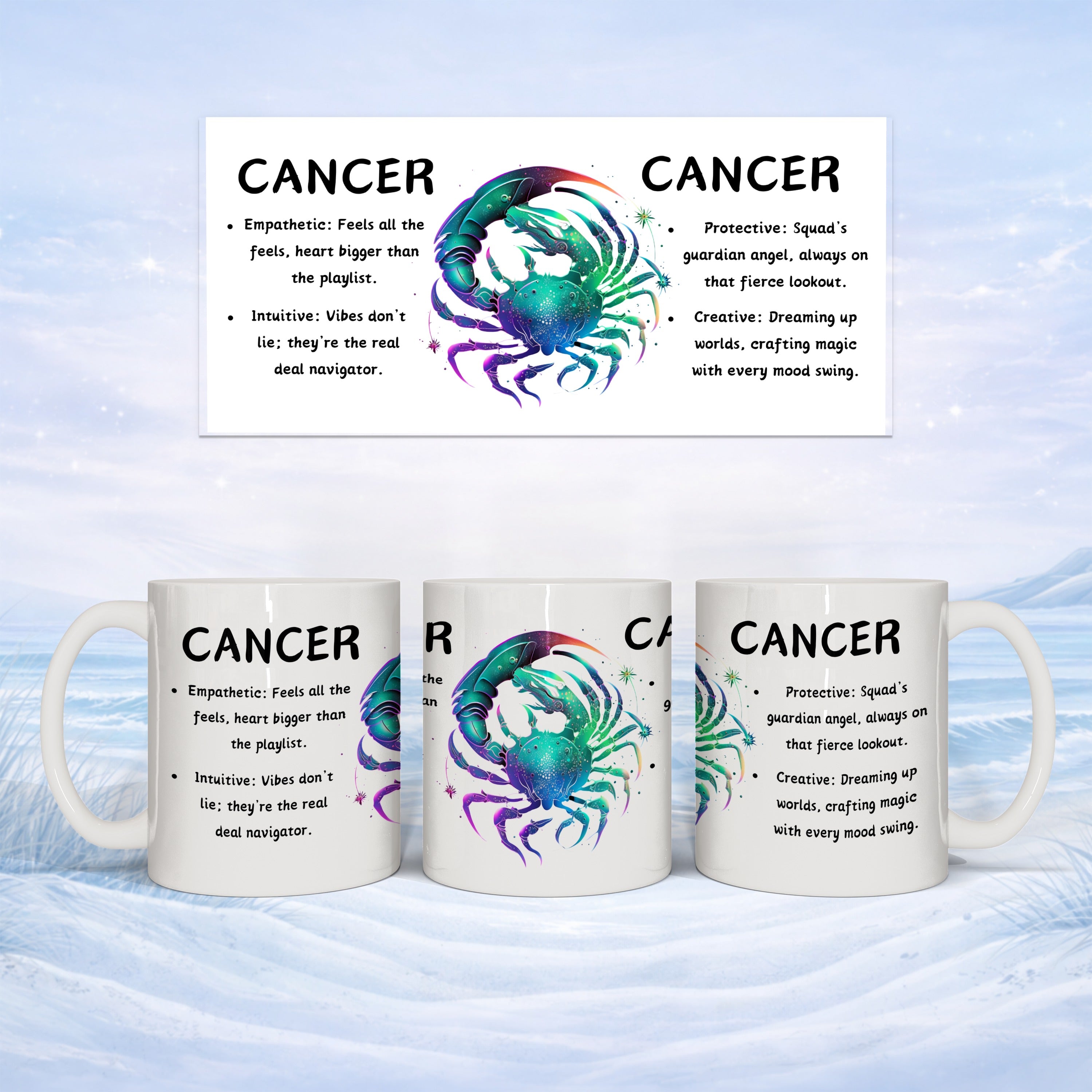 Two white mugs with a watercolor-style crab zodiac design and text about Cancer traits.