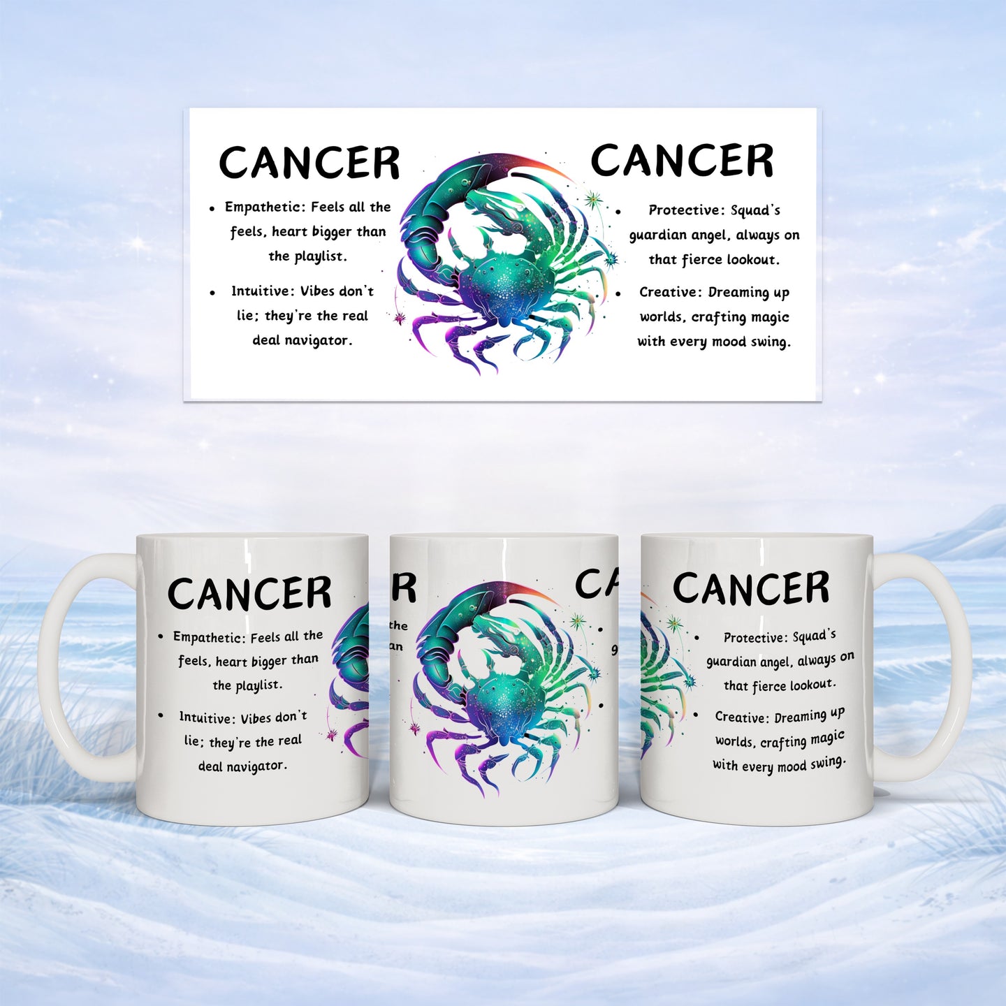 Two white mugs with a watercolor-style crab zodiac design and text about Cancer traits.