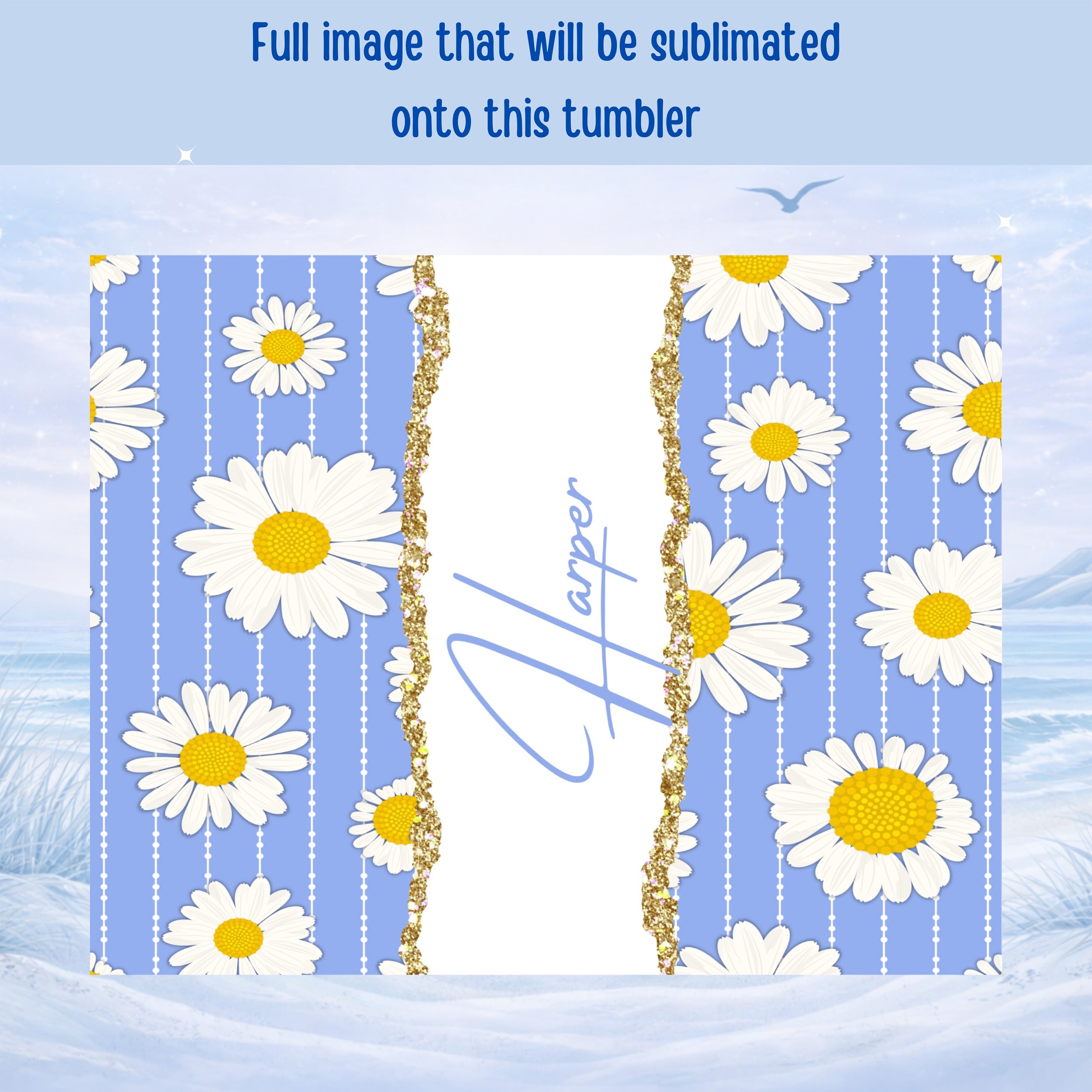 Daisies on blue stripes with glittery gold trim and "Harper" text.