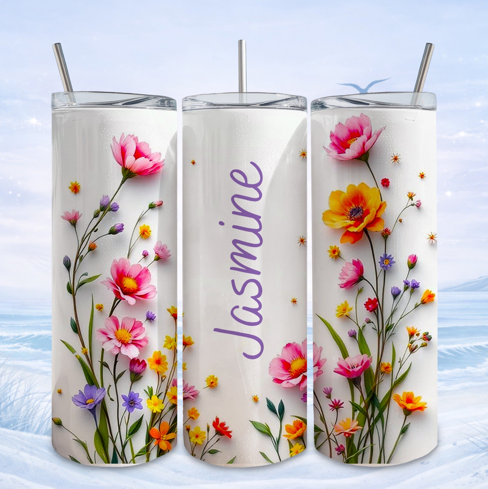 Three white tumblers with floral designs and "Jasmine" text.