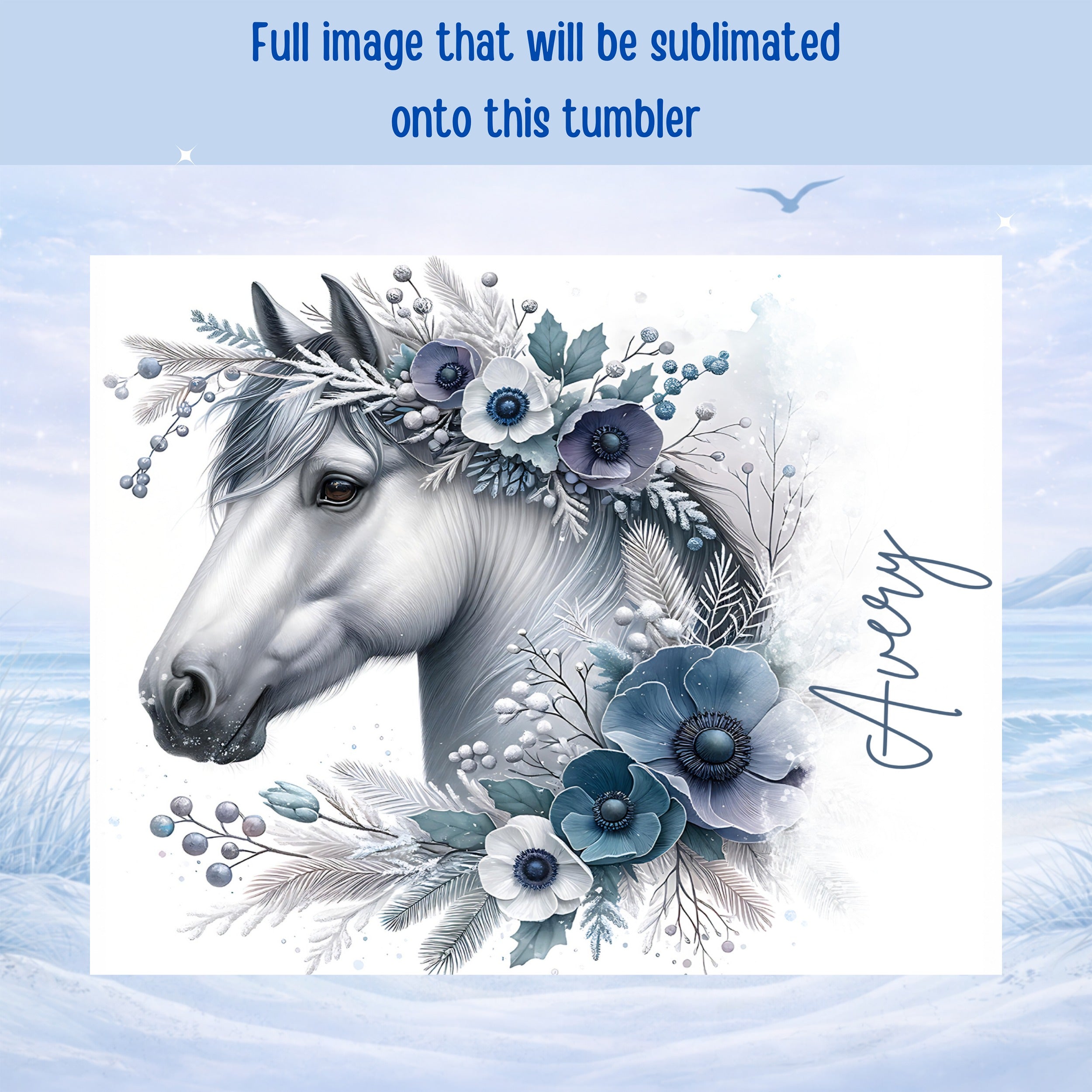 White horse with blue floral wreath on snowy background, text "Avery".
