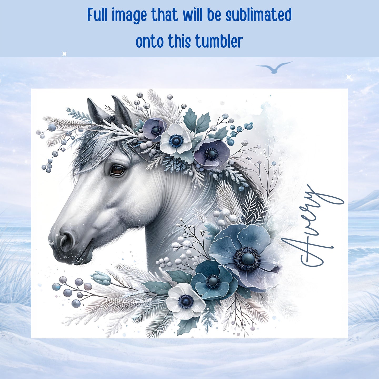 White horse with blue floral wreath on snowy background, text "Avery".