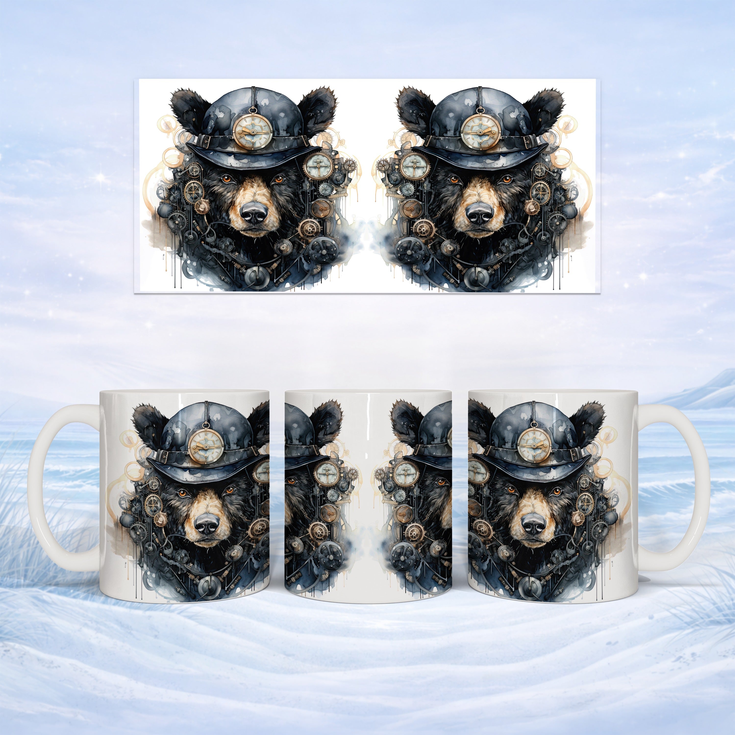 Steampunk bear wearing a top hat on a mug, front and side views.