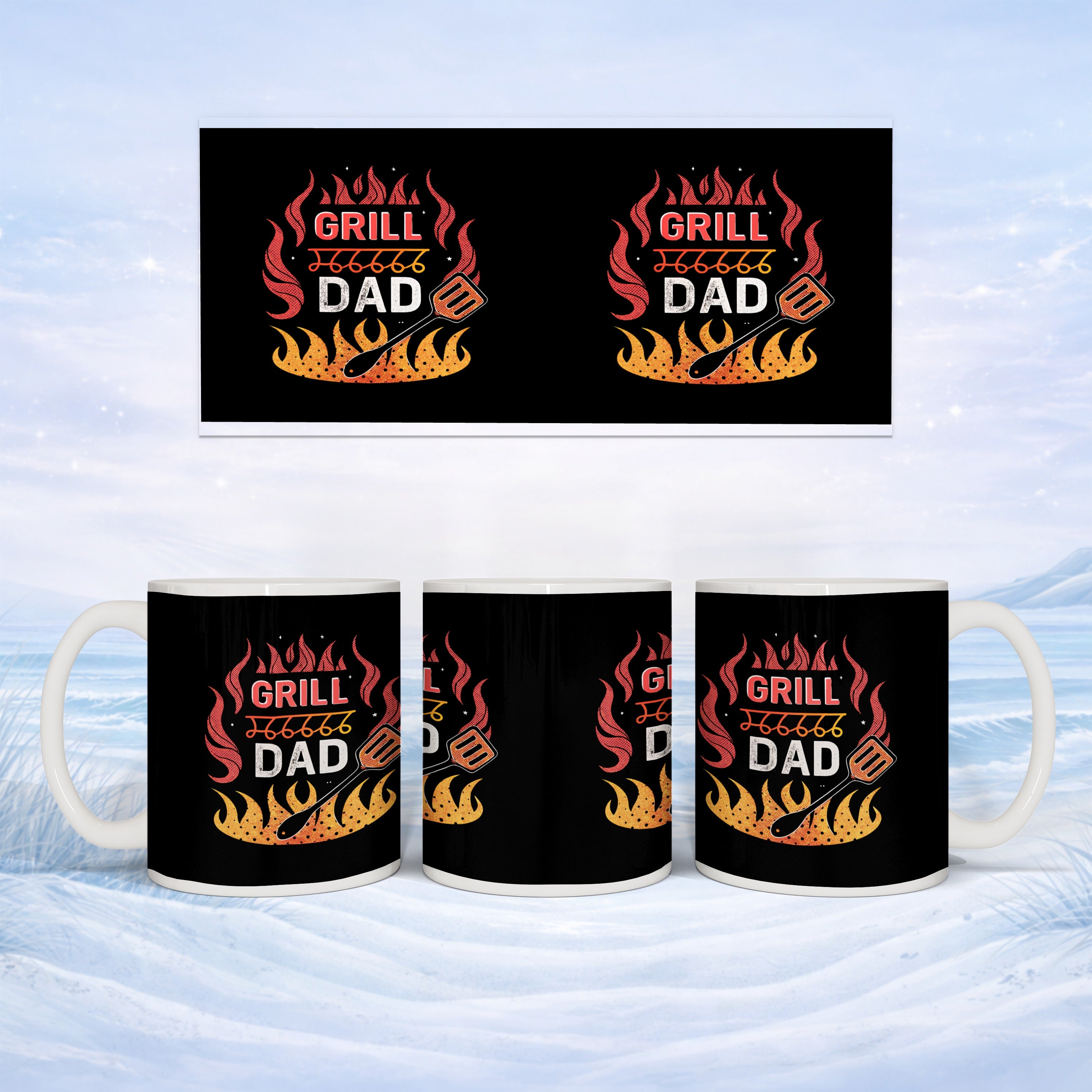 Mug with "Grill Dad" text, flames, and spatula design, shown in a triptych.
