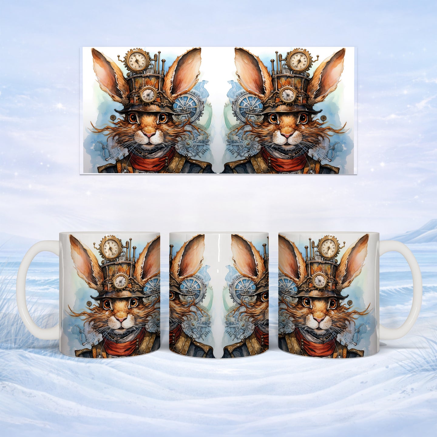 Steampunk rabbit with goggles and gears on a mug.