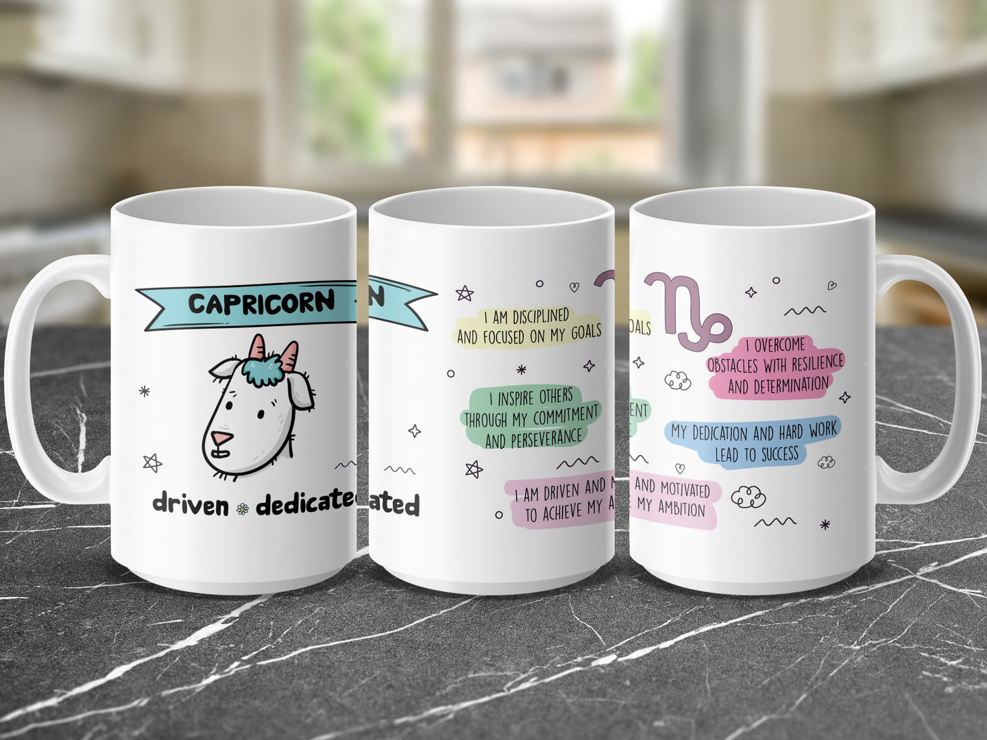 Capricorn mug with astrological traits and positive affirmations.