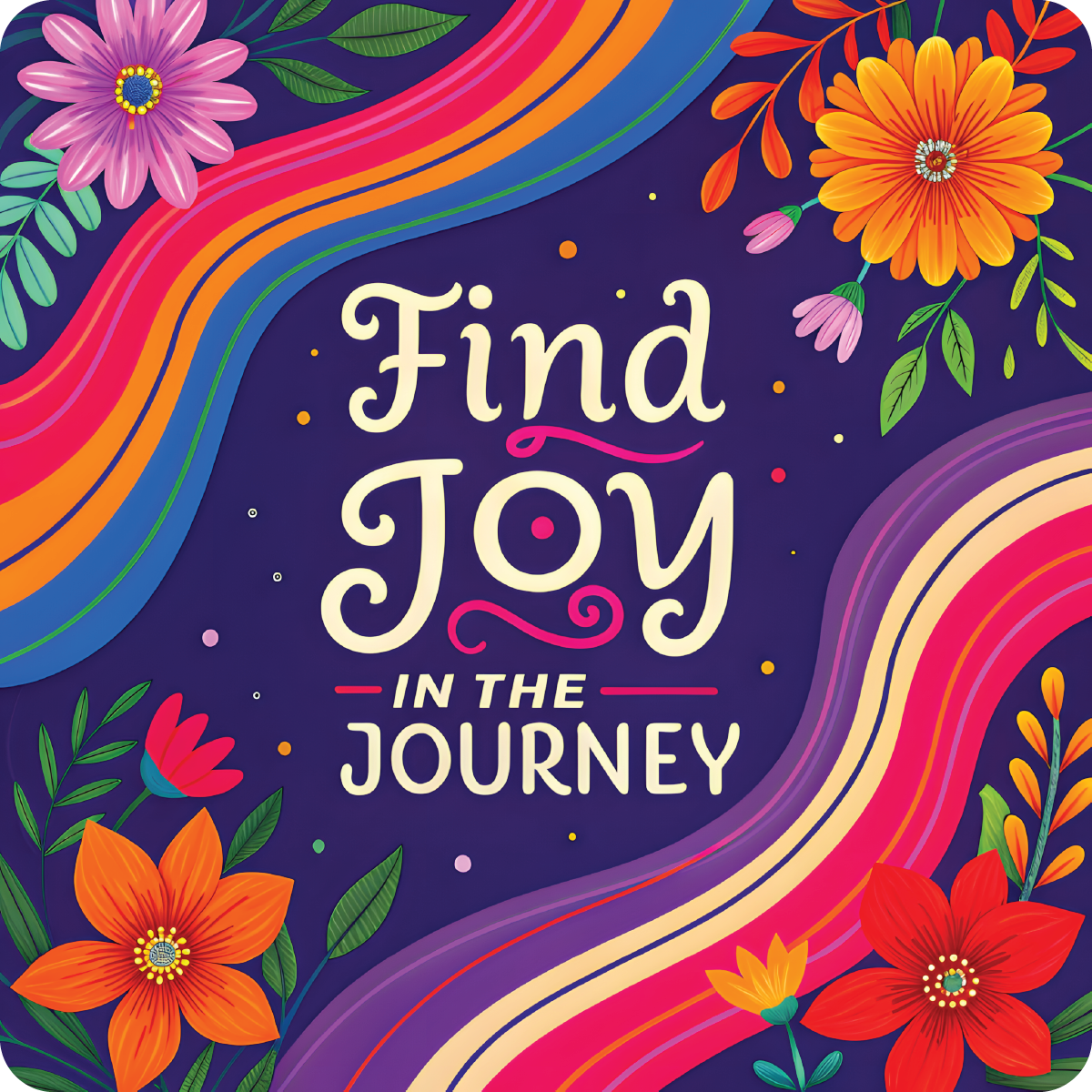 Find Joy in the Journey text on a dark purple background with colorful floral and rainbow accents.