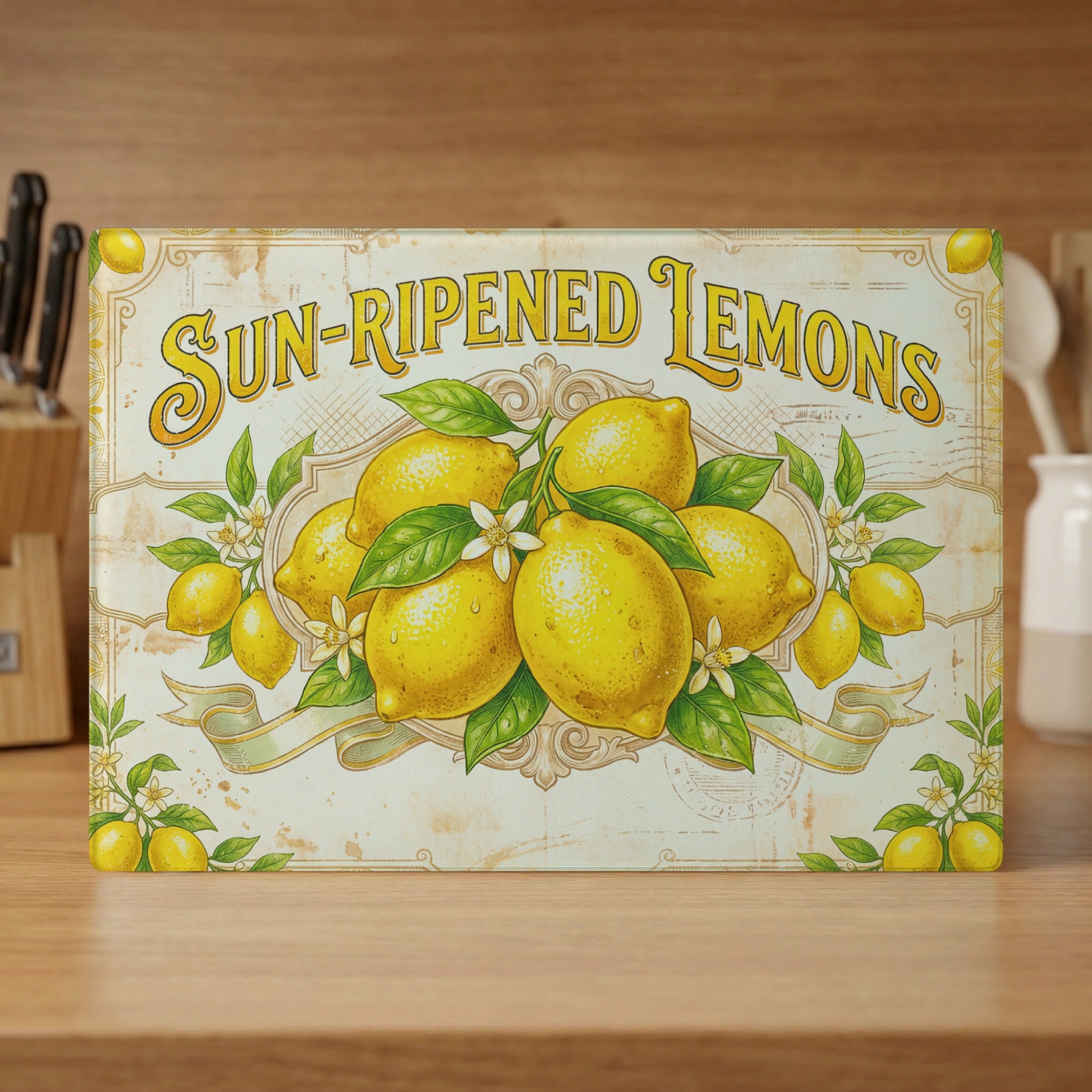 Sun-ripened lemons with flowers and leaves on a vintage-style cutting board.