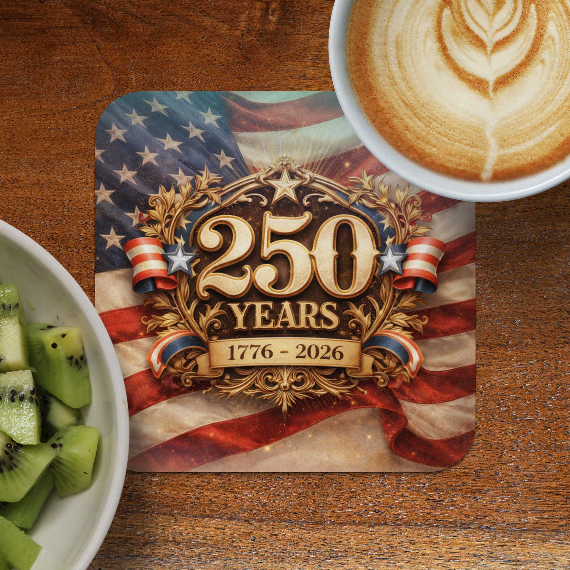 Coaster celebrating 250 years of 1776-2026 with an American flag design.