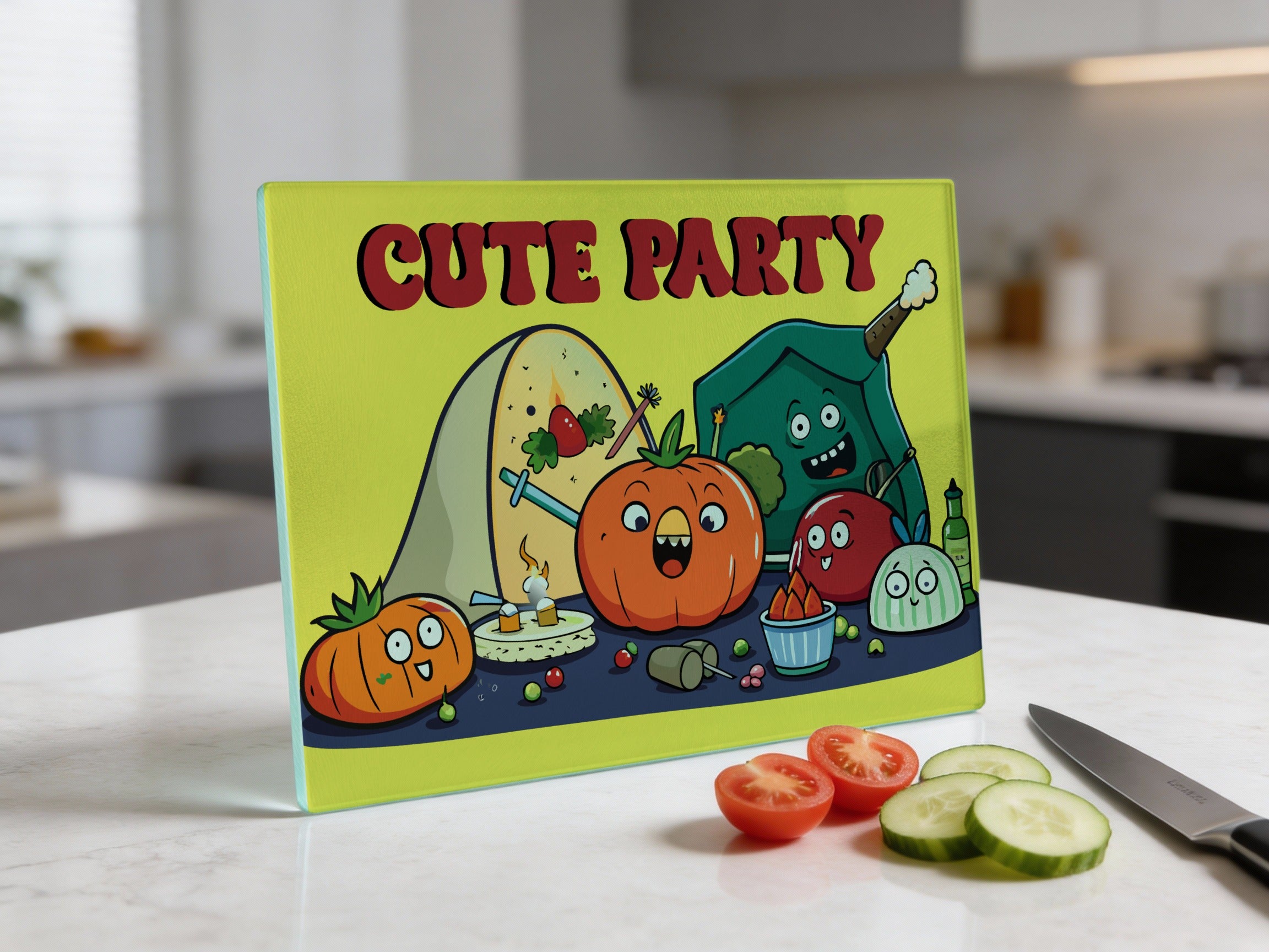 Cute Party glass cutting board with cartoon vegetables and text.