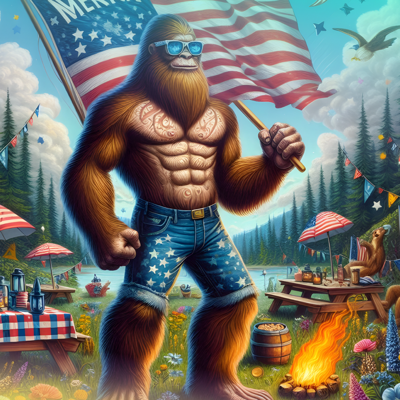Bigfoot in sunglasses and denim shorts waves an American flag at a picnic.