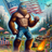 Bigfoot in sunglasses and denim shorts waves an American flag at a picnic.