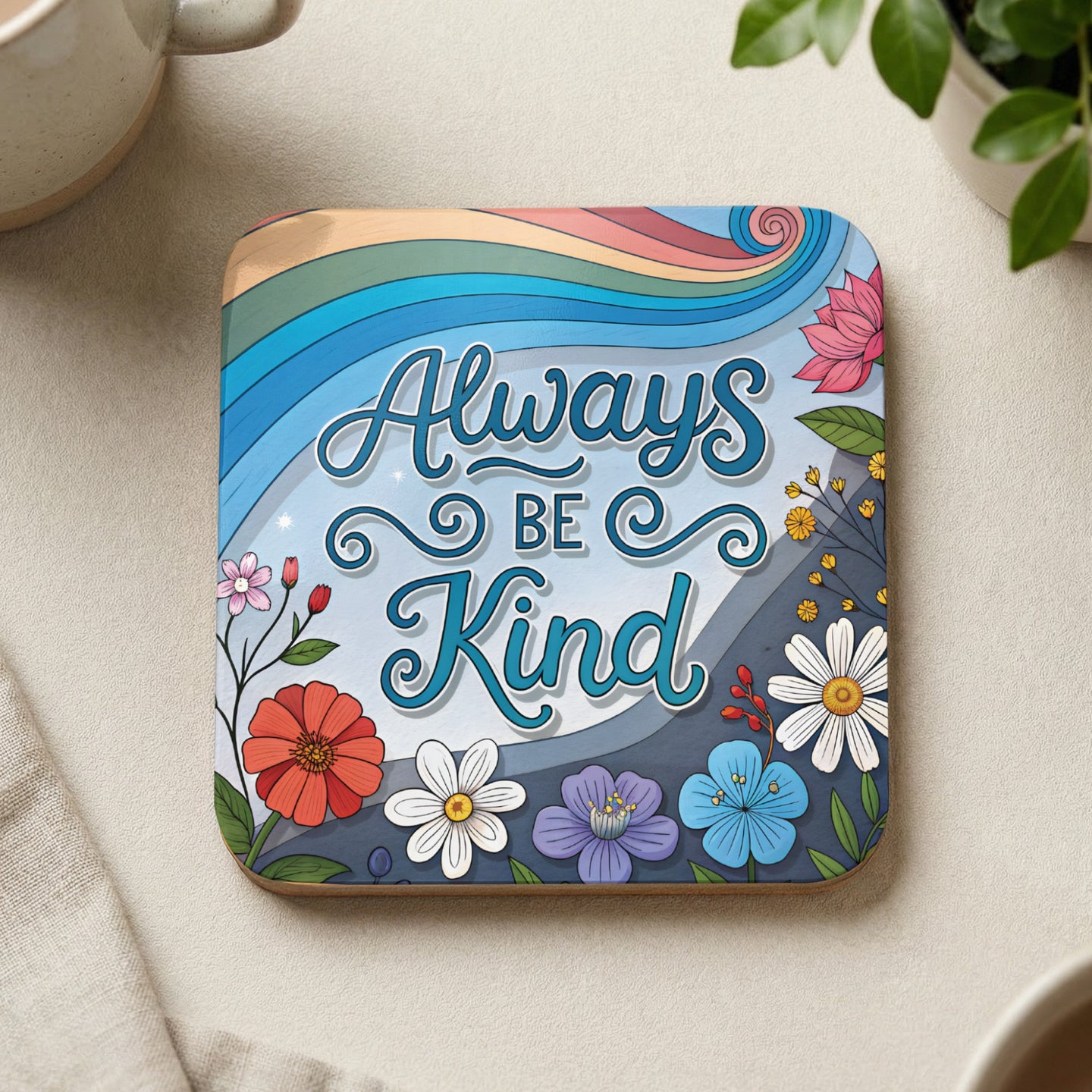 Coaster with colorful wavy background, flowers, and "Always Be Kind" text.