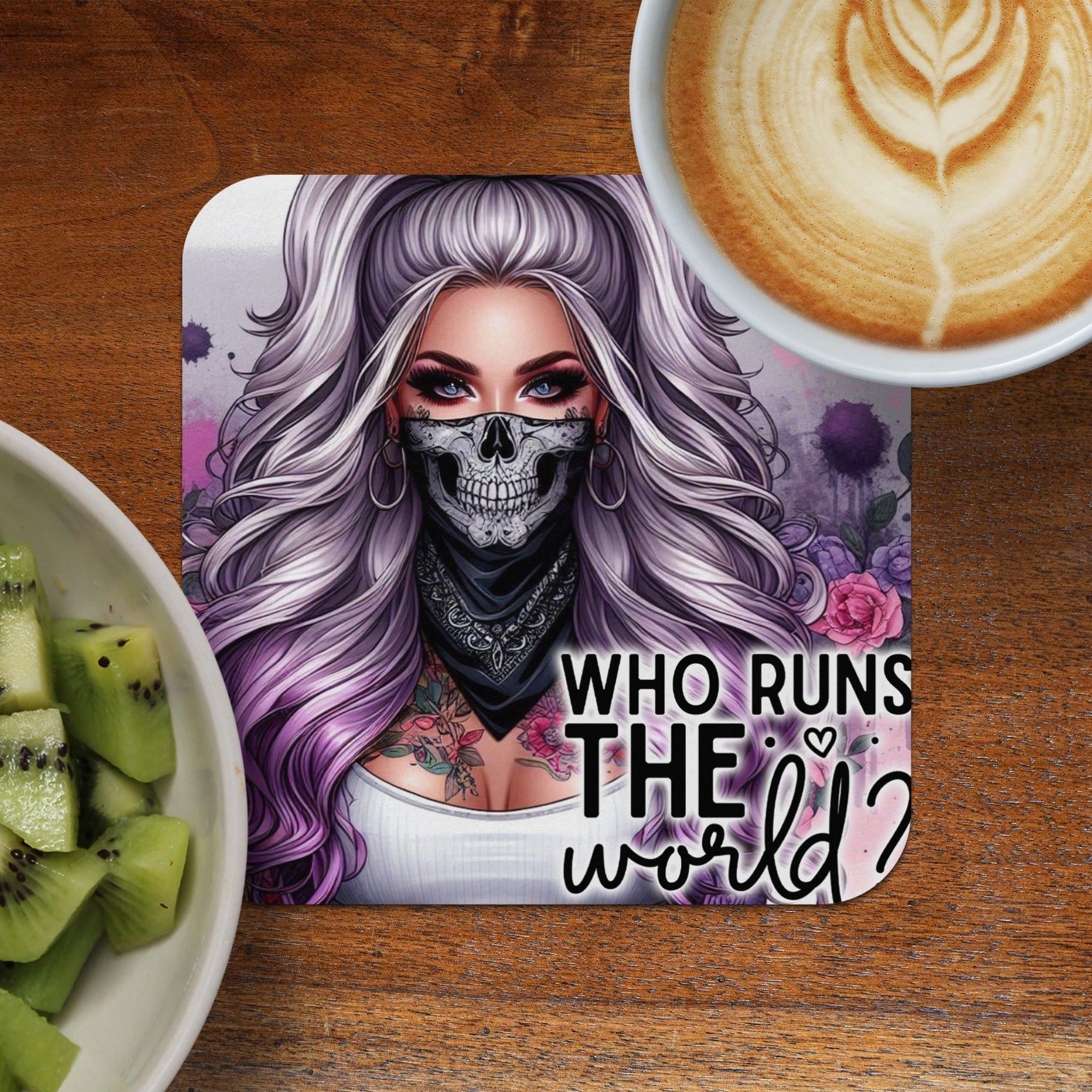 Woman with skull mask and purple hair, text "Who runs the world?".