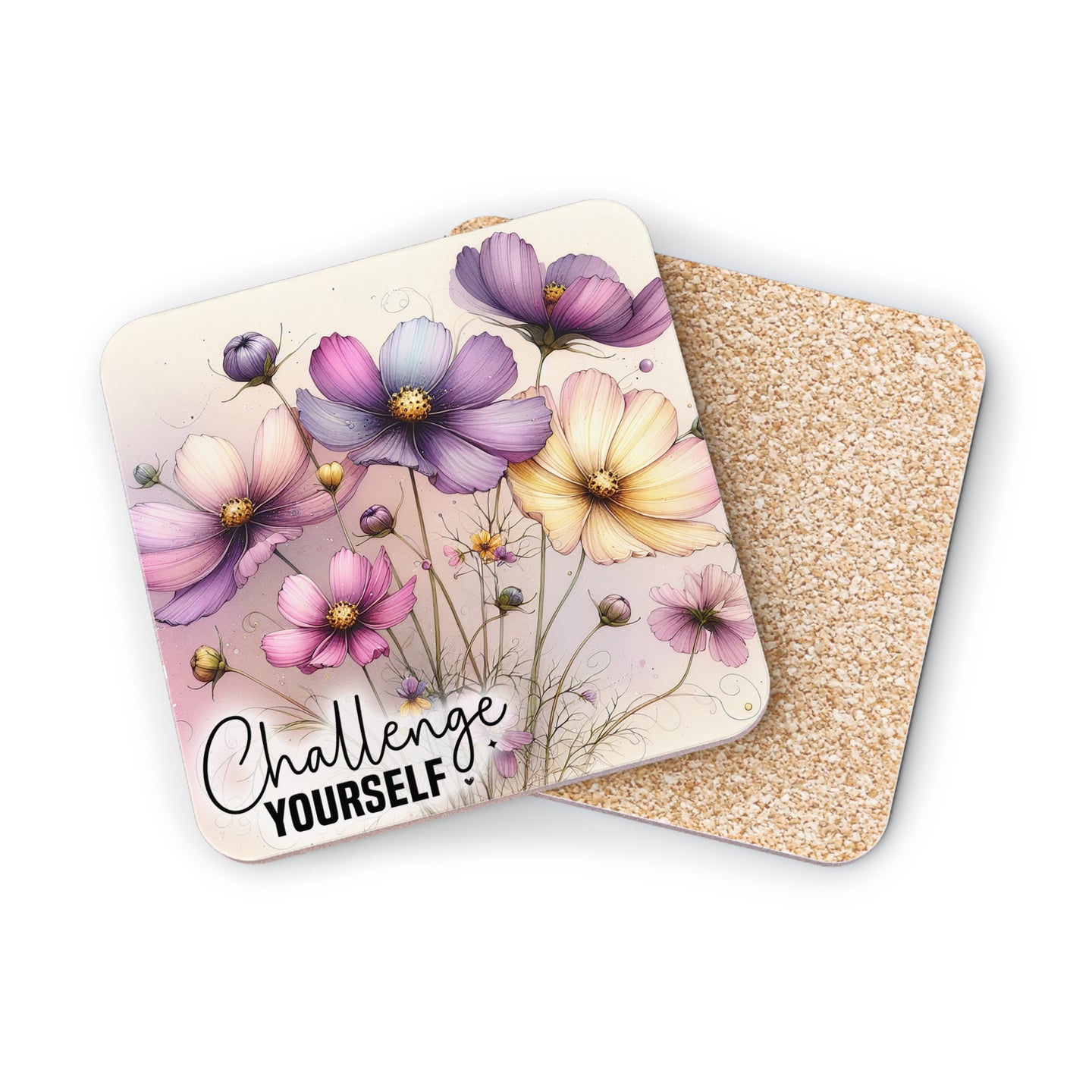 Coaster with floral design and "Challenge Yourself" text.