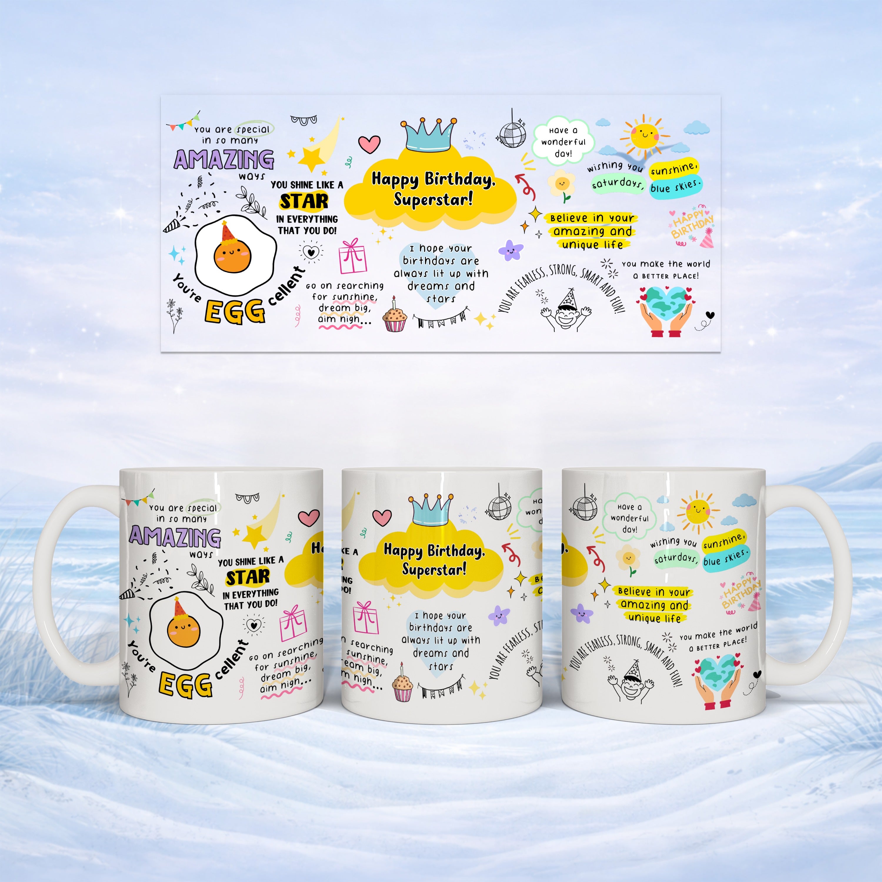 Birthday mug with "AMAZING", "Superstar", and motivational text.