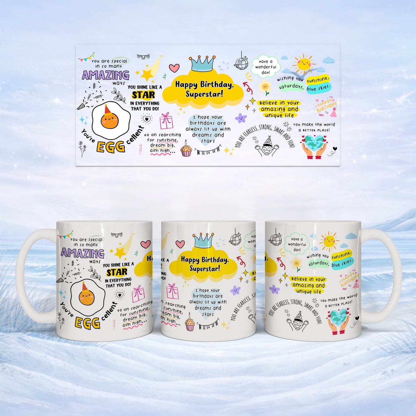Birthday mug with "AMAZING", "Superstar", and motivational text.