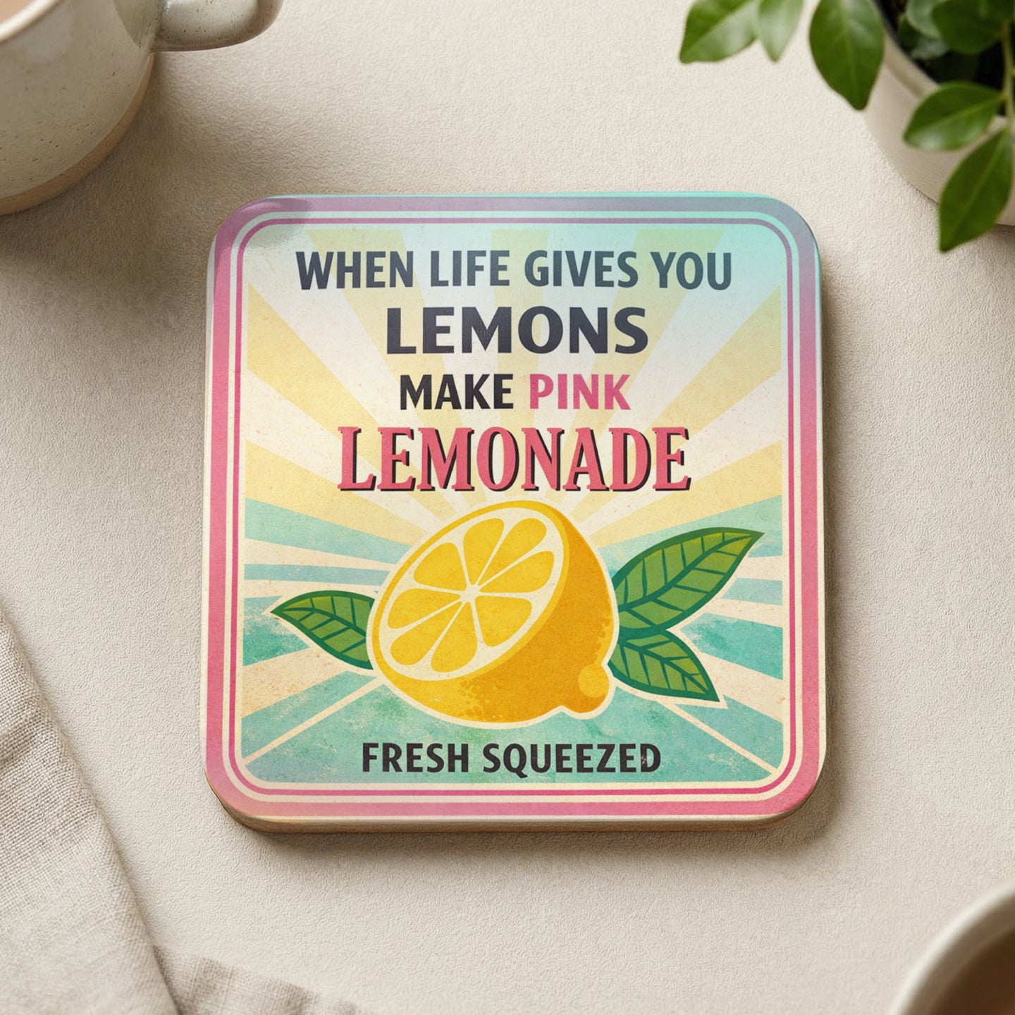 Coaster with text "When life gives you lemons make pink lemonade" and a lemon illustration.