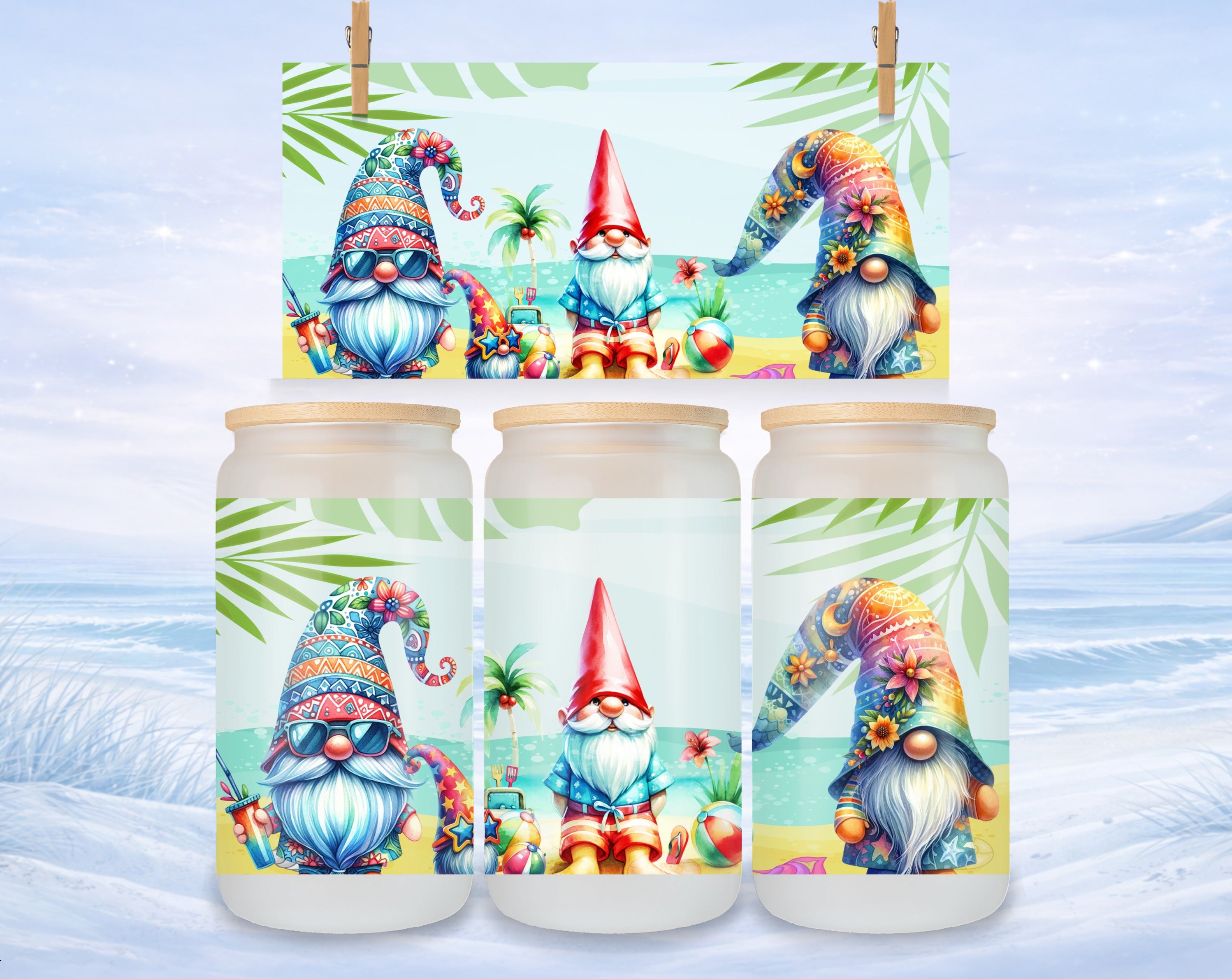 Gnomes in sunglasses and hats, holding beach accessories, against a tropical beach backdrop.