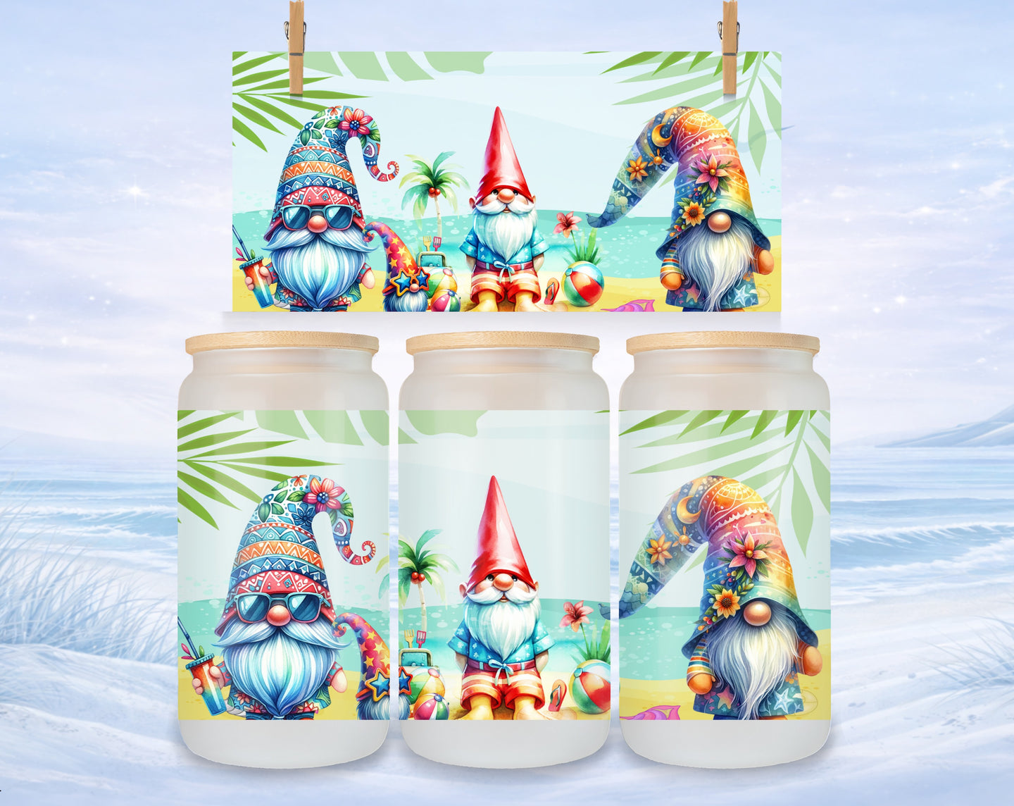 Gnomes in sunglasses and hats, holding beach accessories, against a tropical beach backdrop.