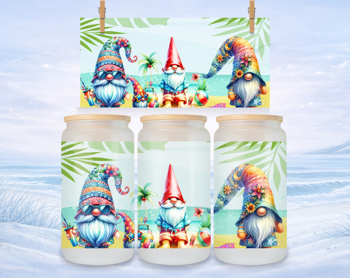 Gnomes in sunglasses and hats, holding beach accessories, against a tropical beach backdrop.
