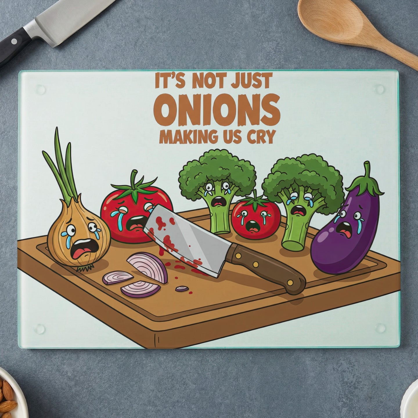 Cartoon vegetables crying on a cutting board with a knife and text.