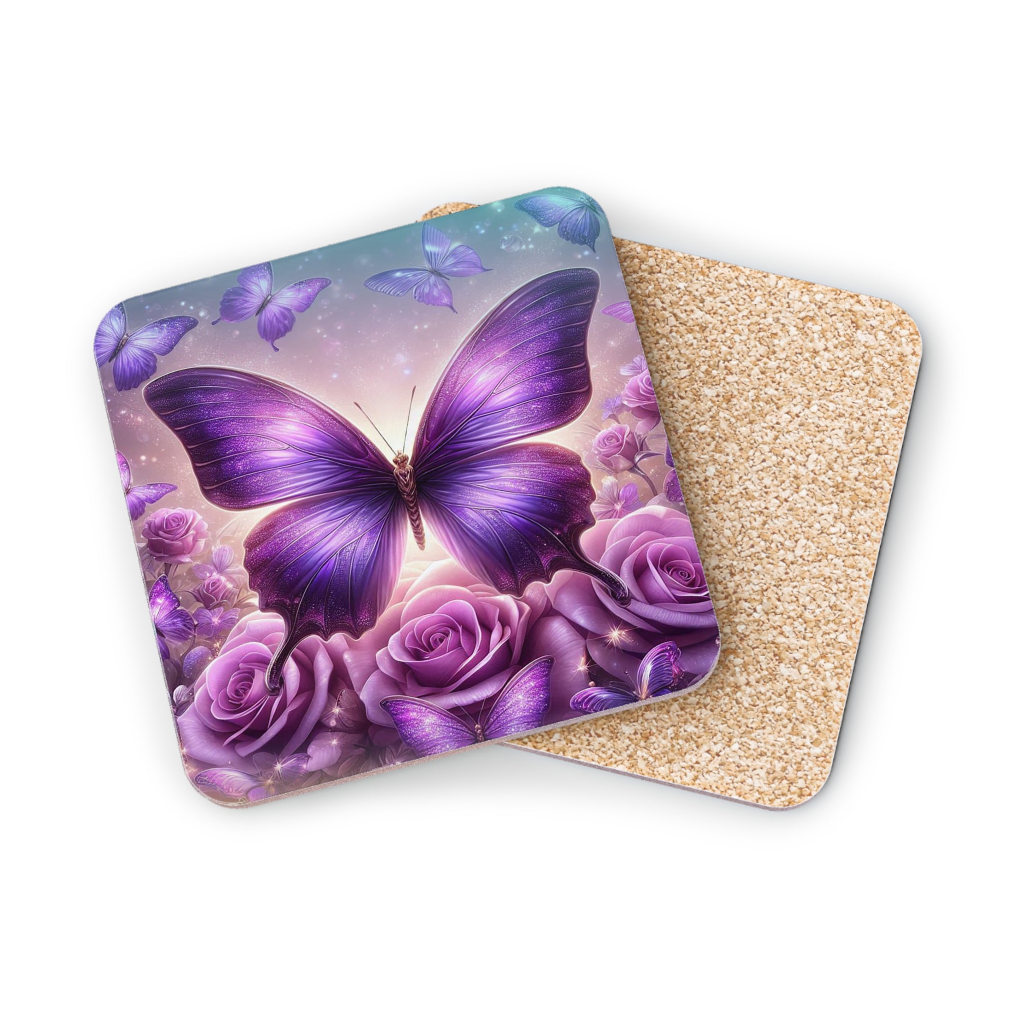 Purple butterfly with roses on a coaster.