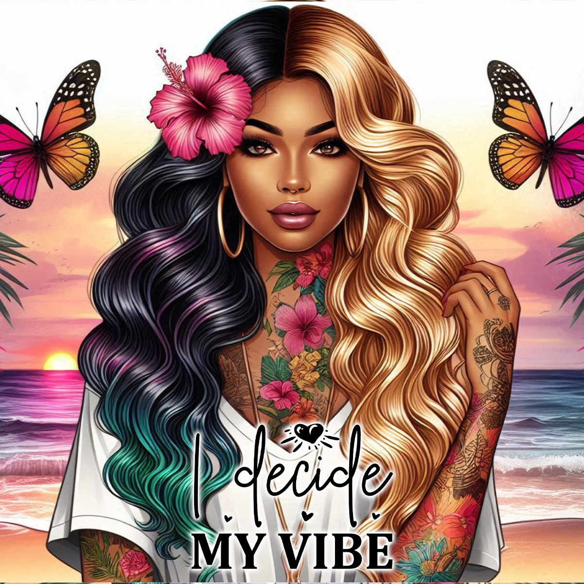 Woman with split-color hair, tattoos, and butterflies against a sunset beach background.