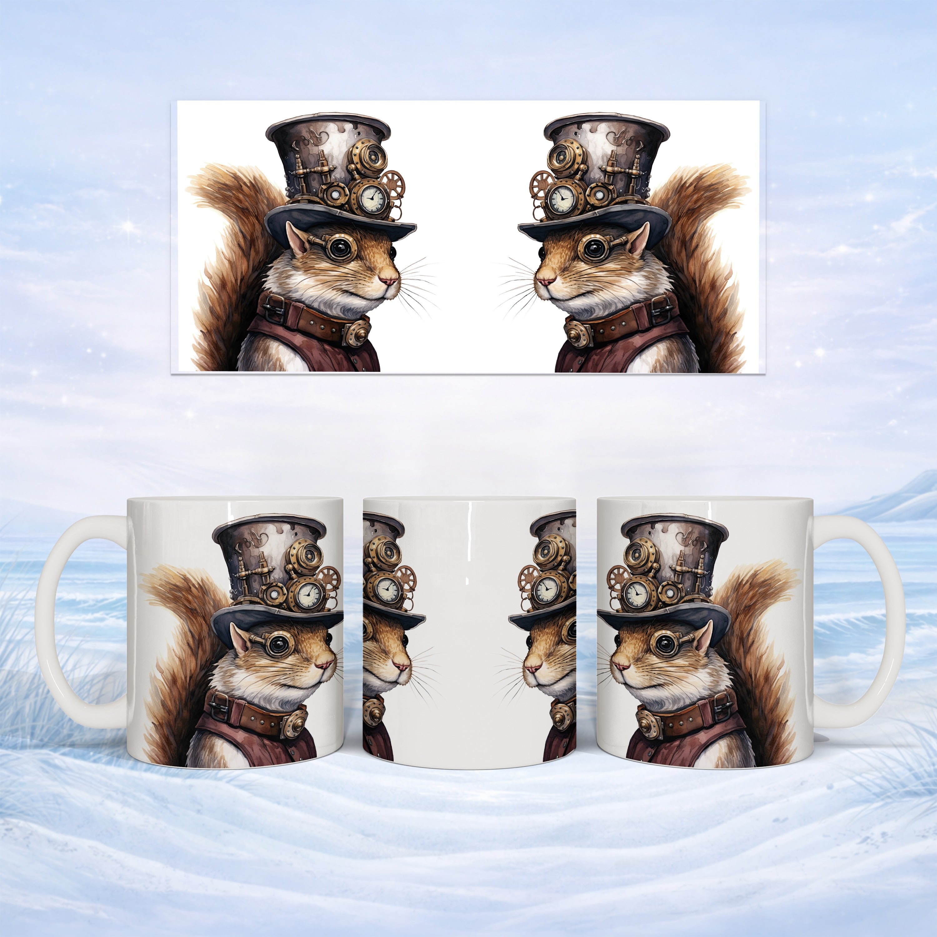 Steampunk squirrel in hat and goggles on a mug.