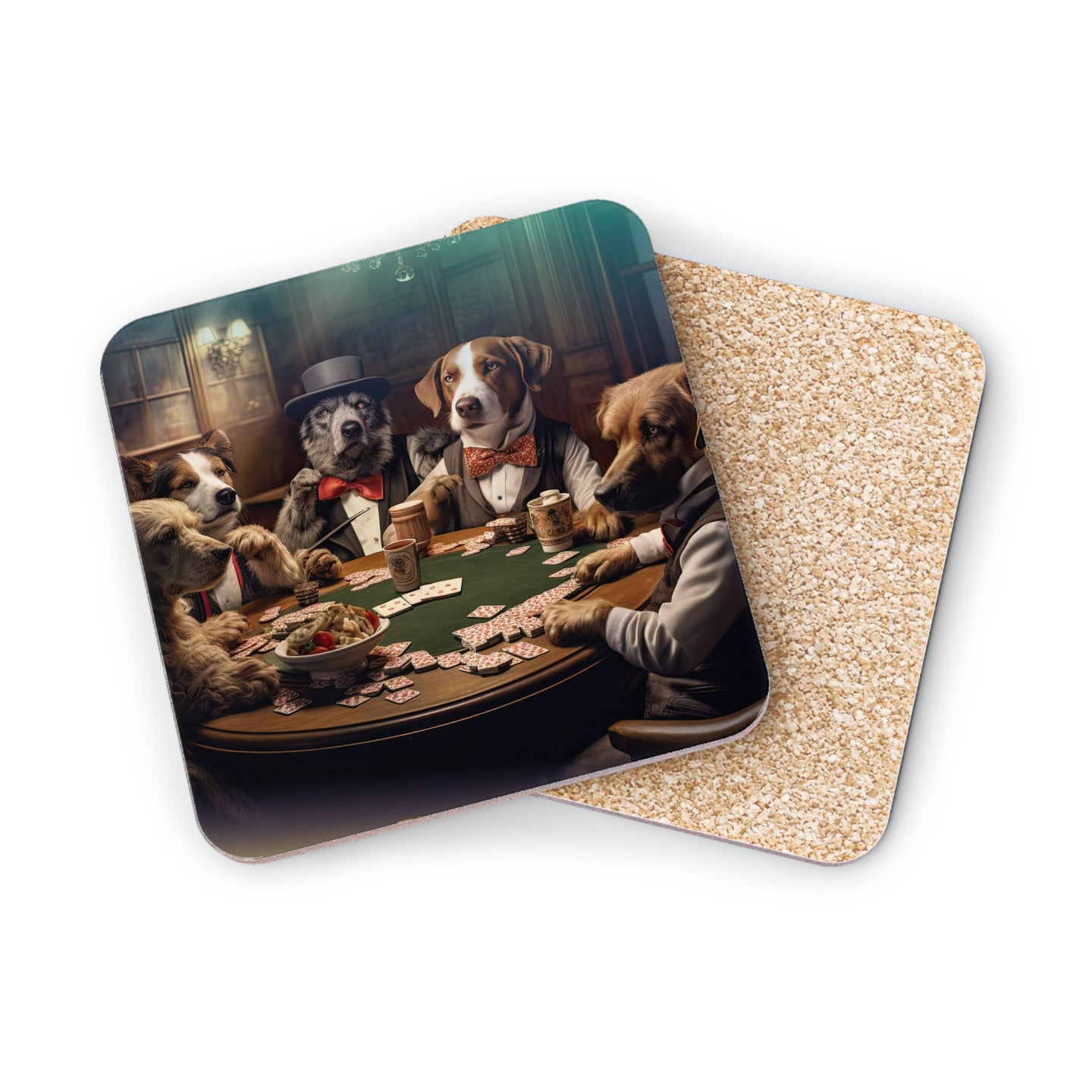 Dogs in formal wear playing poker around a green felt table.