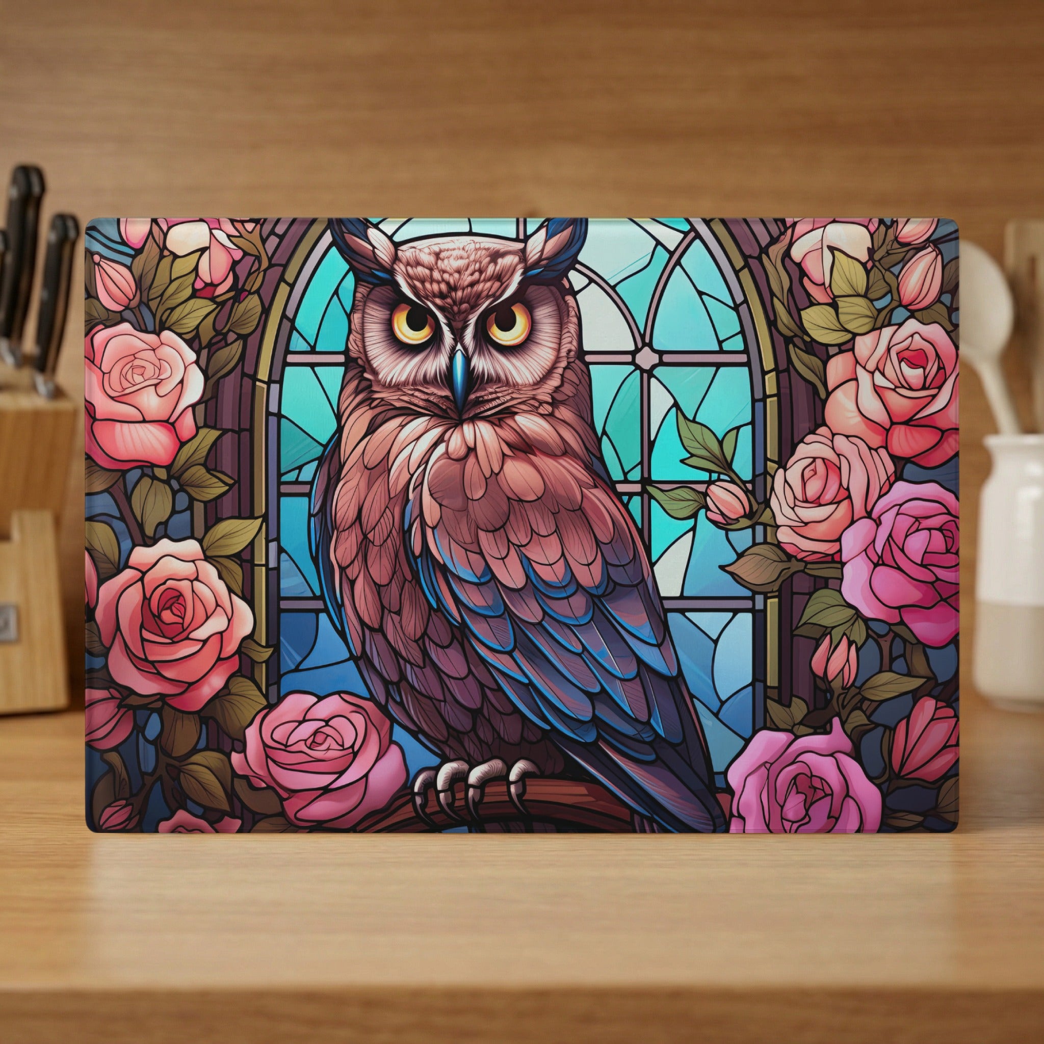 Stained glass owl perched on a branch surrounded by pink roses.