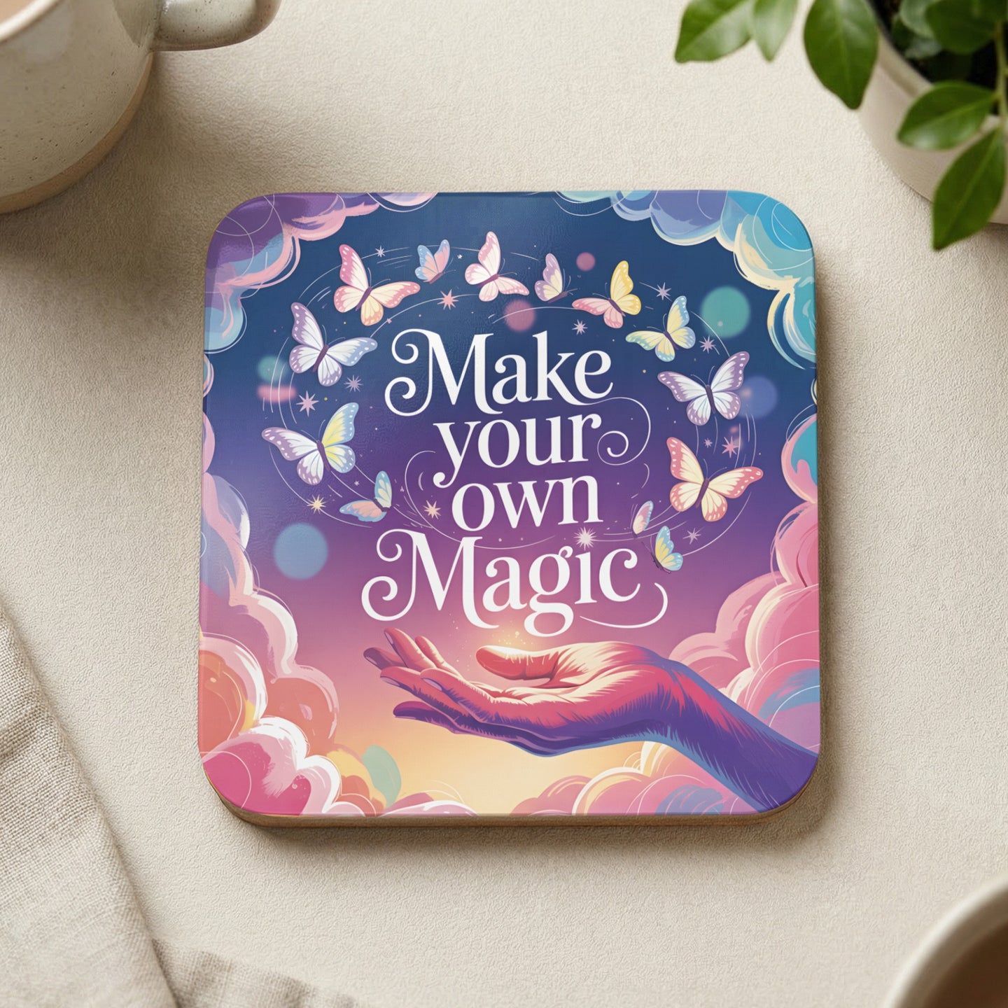 Square coaster with a hand reaching out to butterflies against a cloudy, magical sky.