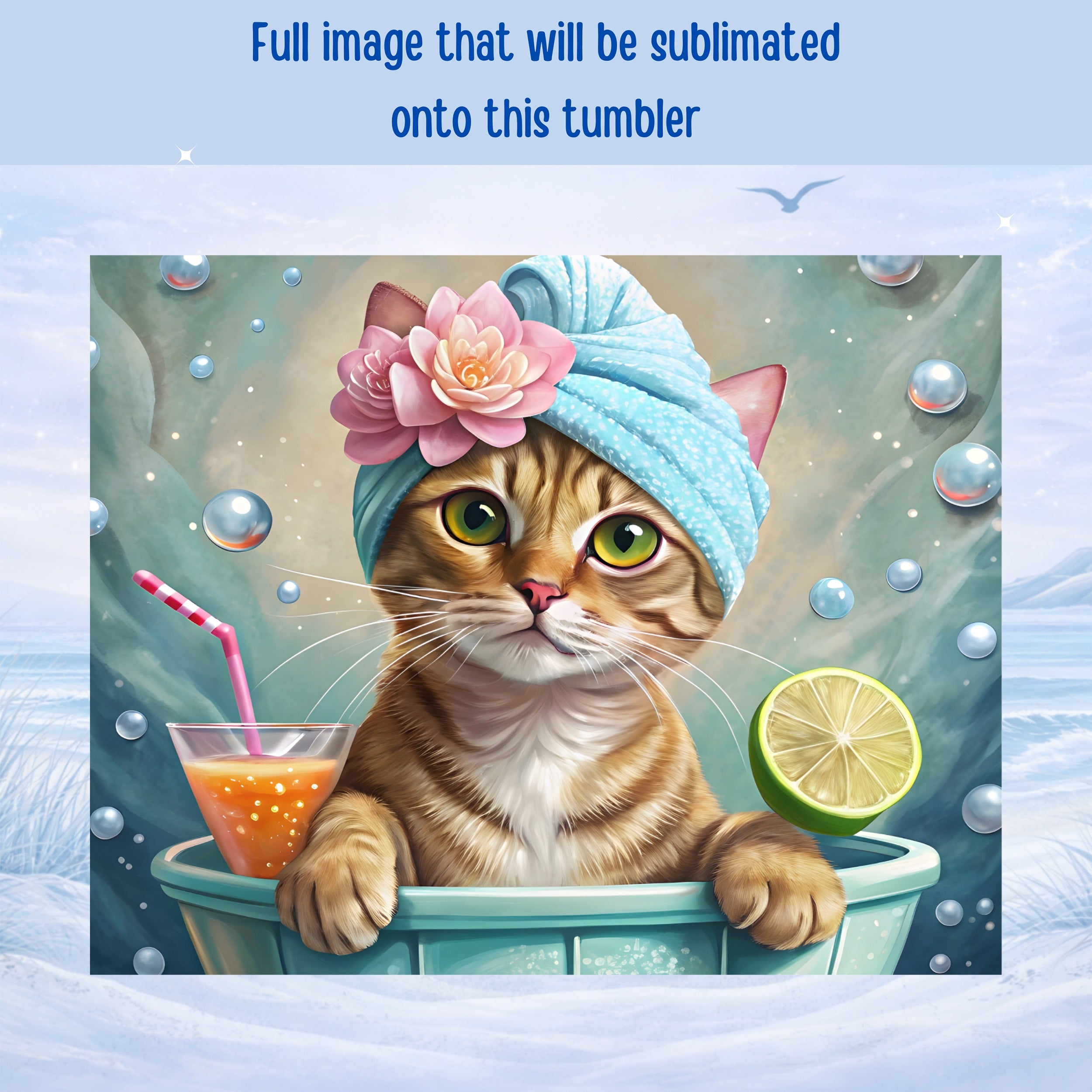 Cat in bath with drink and fruit, wearing a towel and flower.