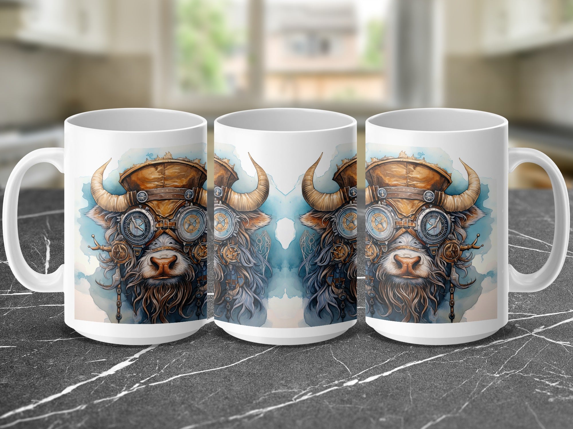 Steampunk bull graphic on three white ceramic mugs.